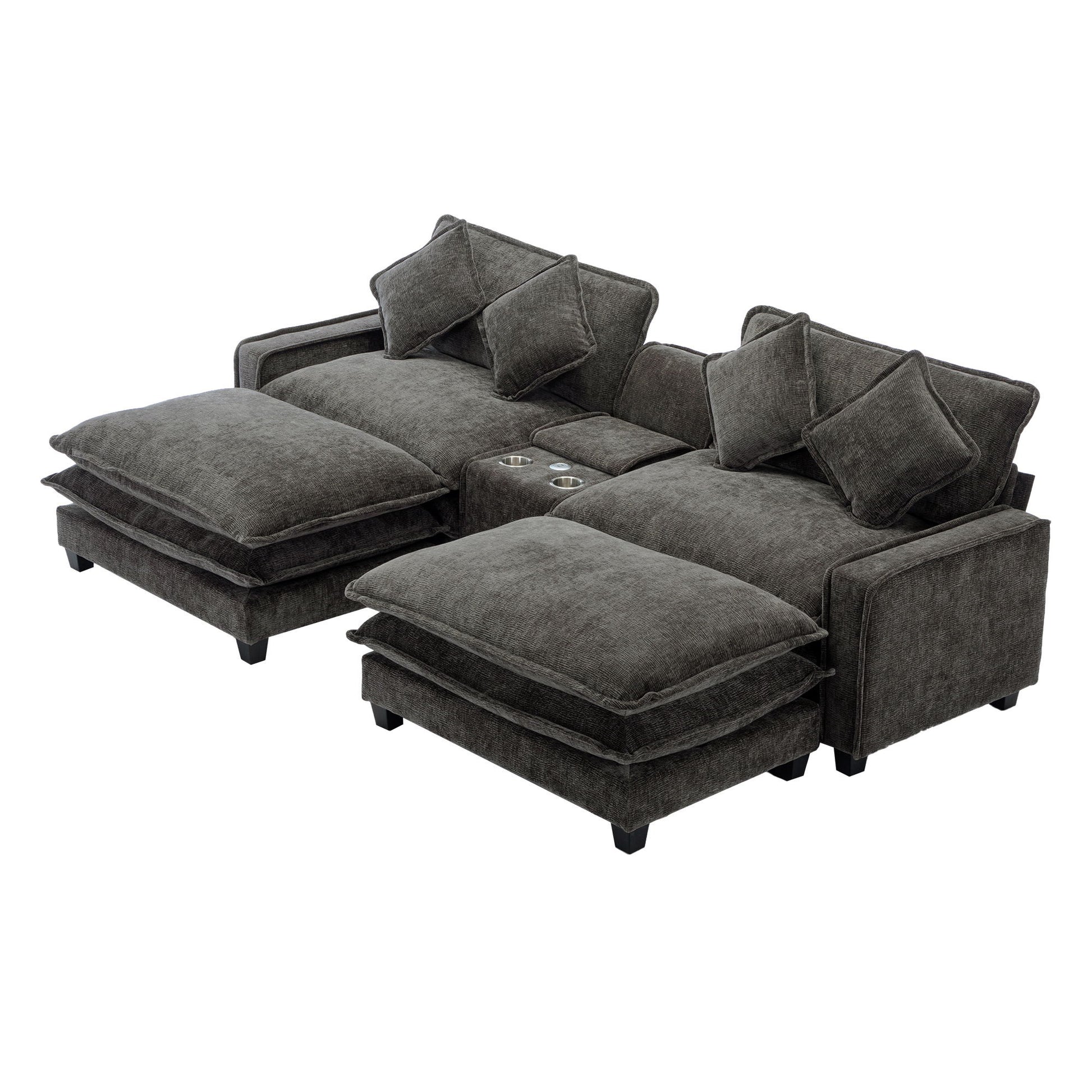 Sectional Sofa Chenille Upholstered Sofa With Two Removable Ottoman, Two USB Ports, Two Cup Holders And Large Storage Box For Living Room - Best Buy Furniture