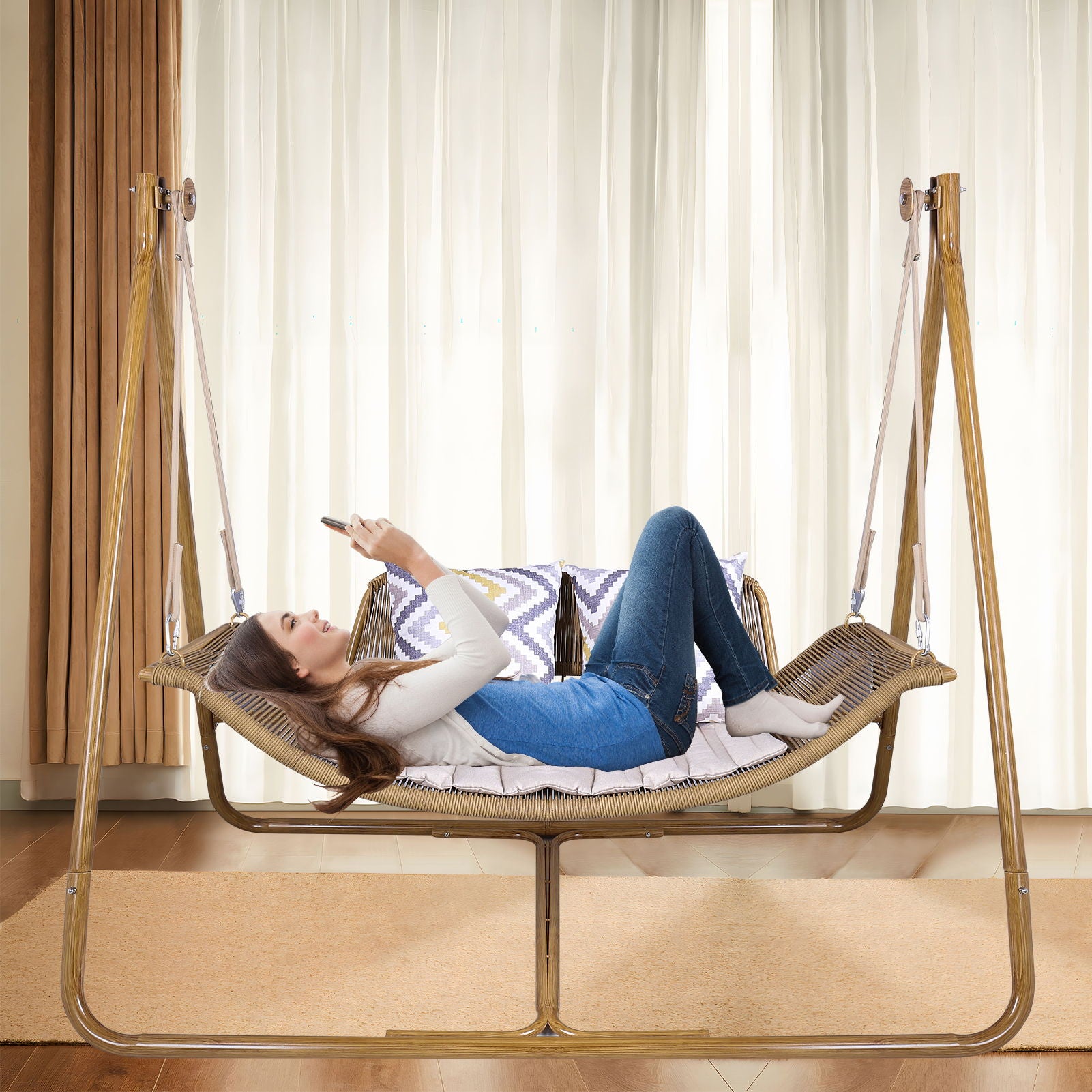 Hammock Swing Chair With Stand For Indoor, Outdoor, Anti-Rust Wood-Colored Frame With Cushion Oversized Double Hammock Chair For Patio Balcony Bedroom Ban On Amazon - Gold / Brown - Best Buy Furniture