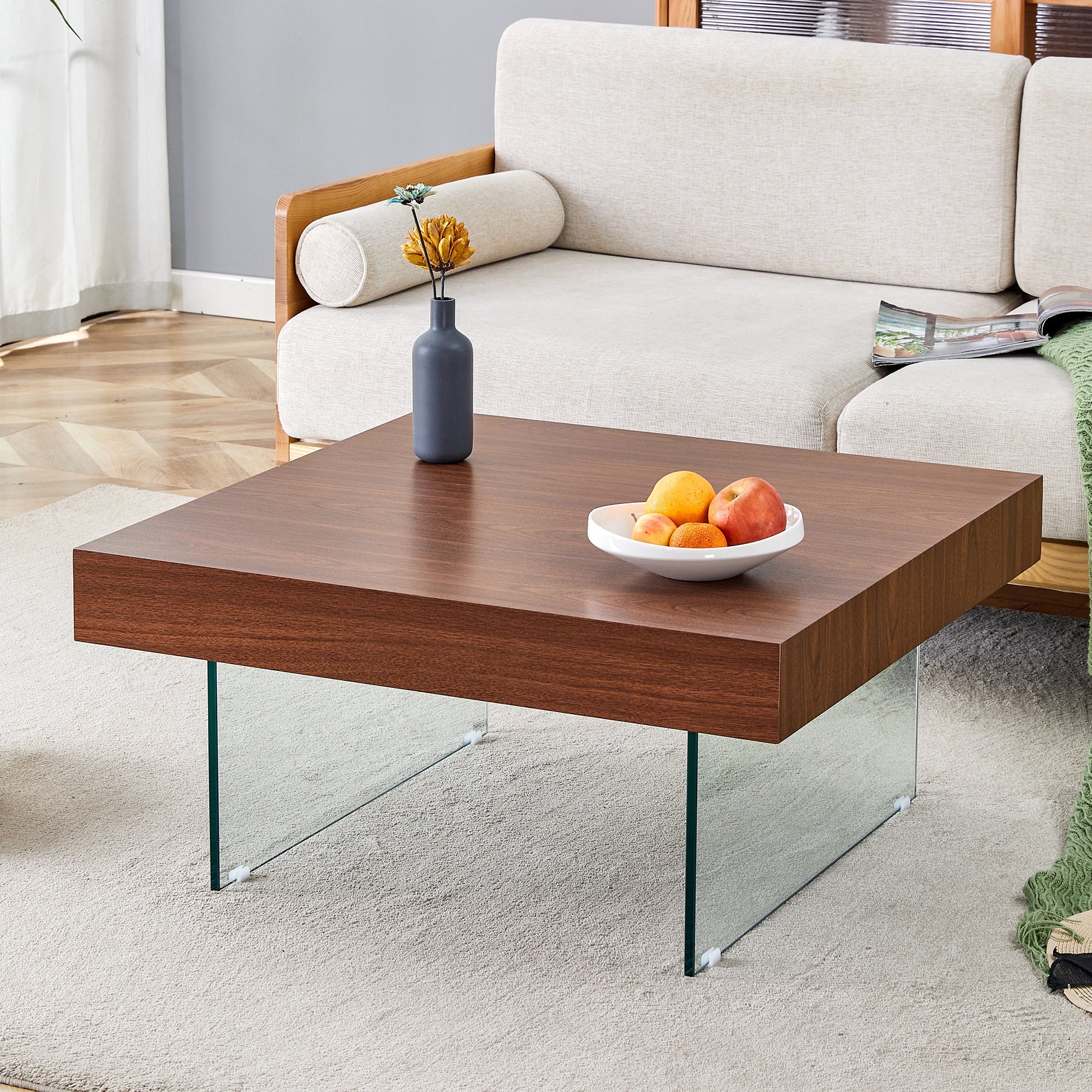 Walnut Colored Square MDF Coffee Table - 31.5'x31.5' with Tempered Glass Legs - Best Buy Furniture