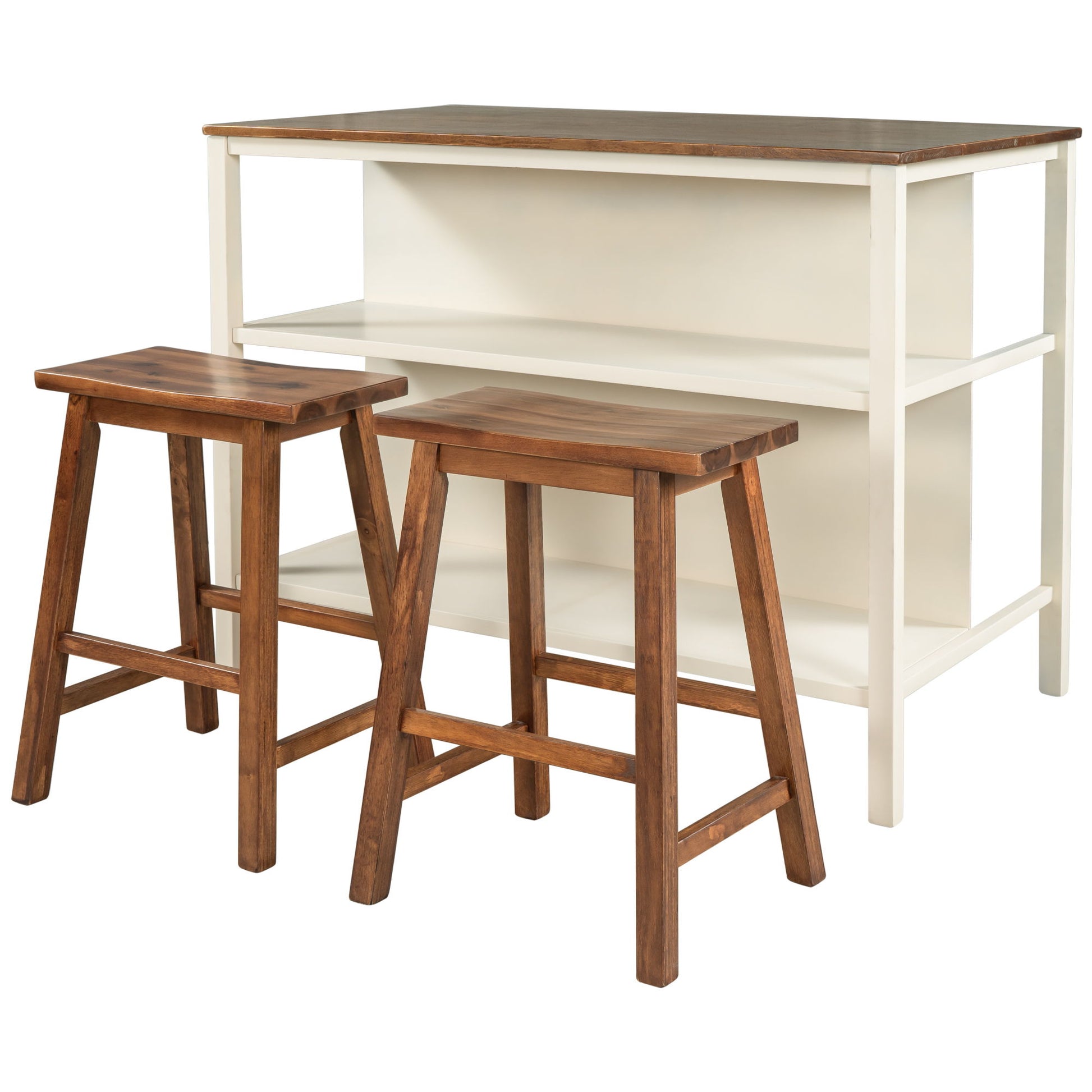Rustic 3 Piece Stationary Kitchen Island Set With 2 Seatings, With 2 Open Shelves - Best Buy Furniture