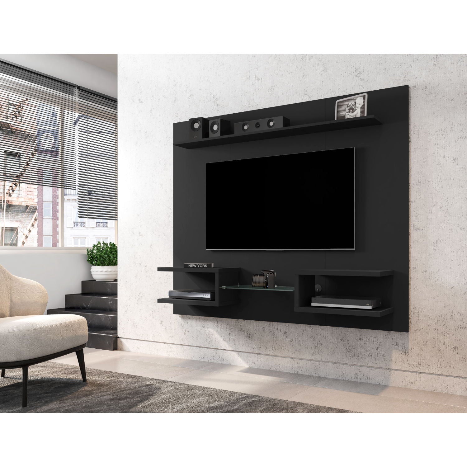Plaza - TV Panel With Decorative Shelves And Wall Mount For Living Room - Black