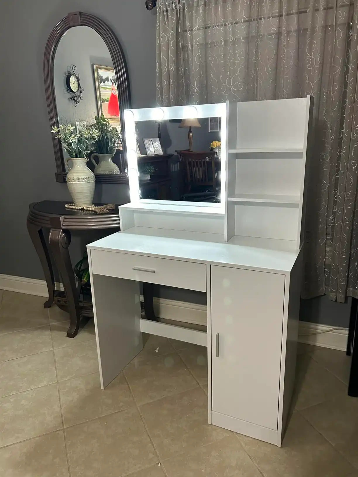 Vanity Desk with Mirror & Light, Pink Dressing Table - Best Buy Furniture