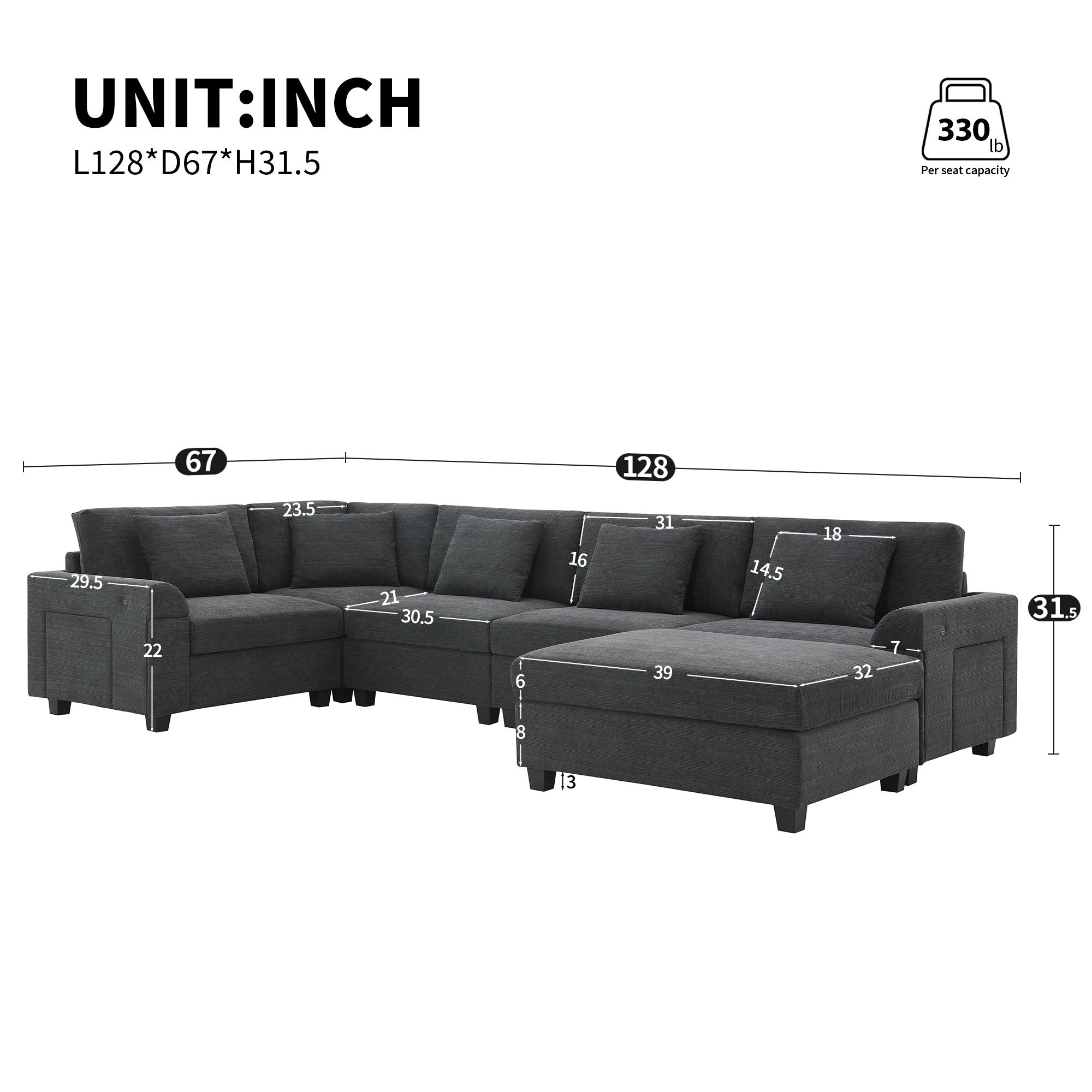 U Shaped Sectional Sofa 6 Seat Couch Set With Oversized Ottoman, Hidden Armrest Storage And Cup Holders USB Charging Ports Wide Seat Sofa - Best Buy Furniture