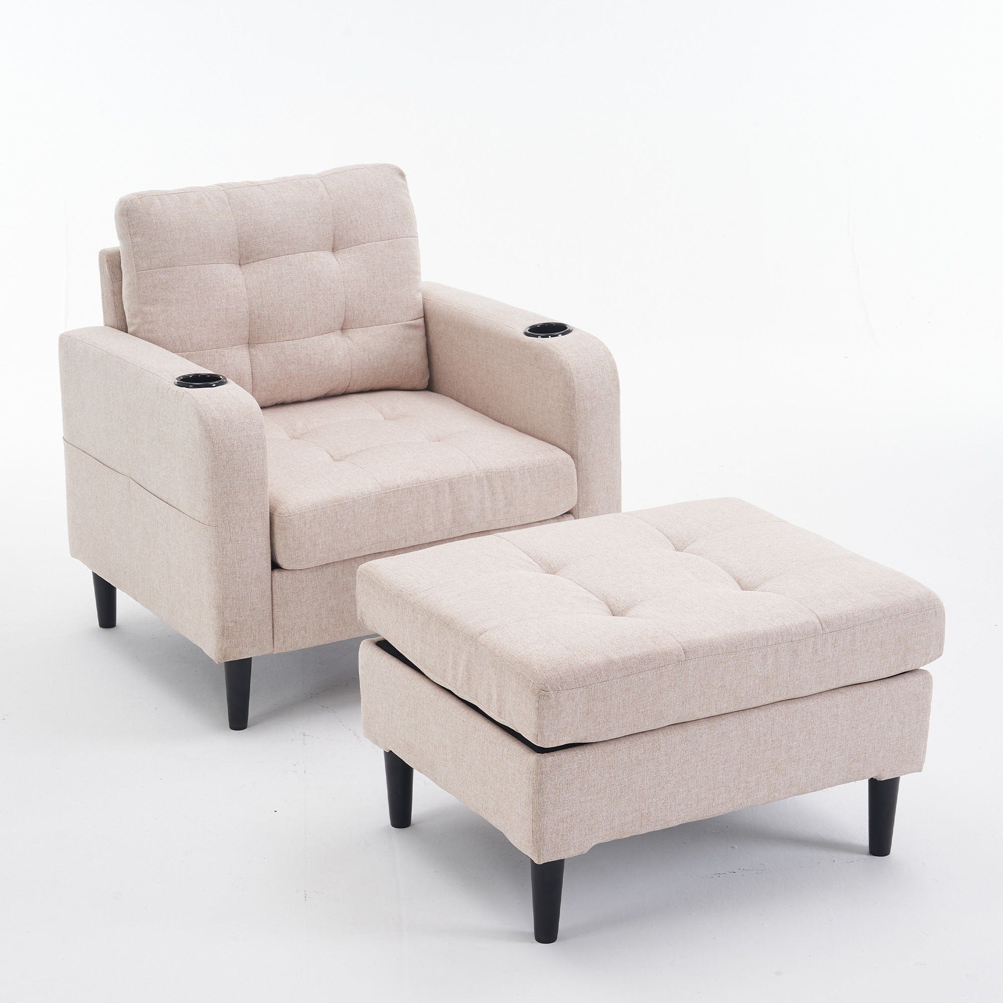 Upholstered Armchair And Storage Ottoman Set, Comfortable Single Sofa With Cup Holders And Tufted Detailing, Ideal For Living Room Or Bedroom - Best Buy Furniture
