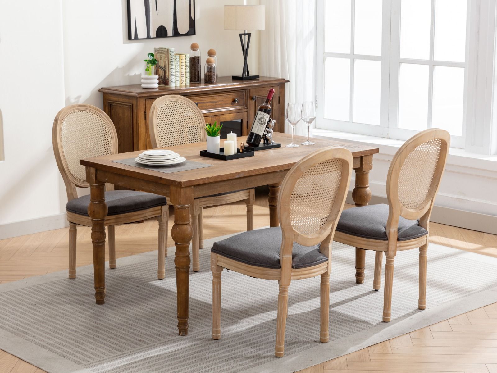 French Style Solid Wood Frame Antique Painting Linen Fabric Rattan Back Dining Chair (Set of 2) - Best Buy Furniture