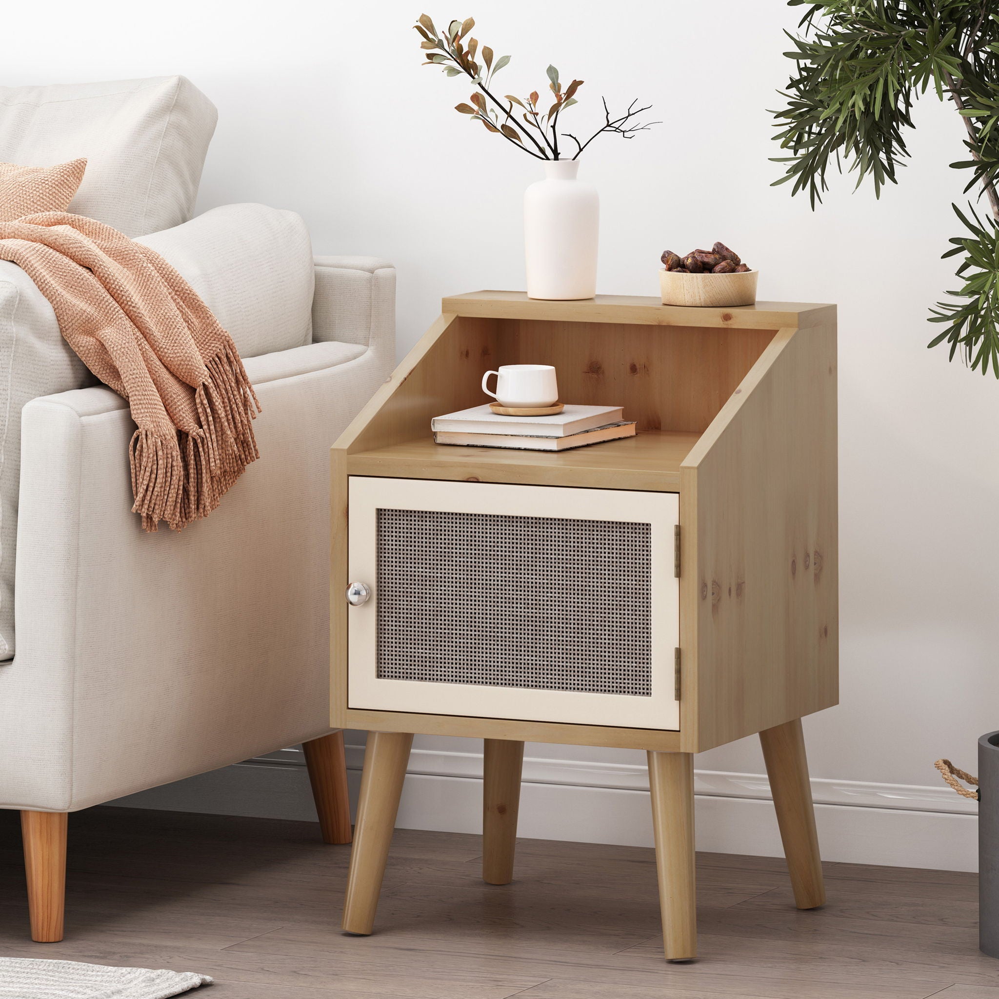 Contemporary End Table With Rattan Accents And Tempered Glass - Natural / White - Best Buy Furniture