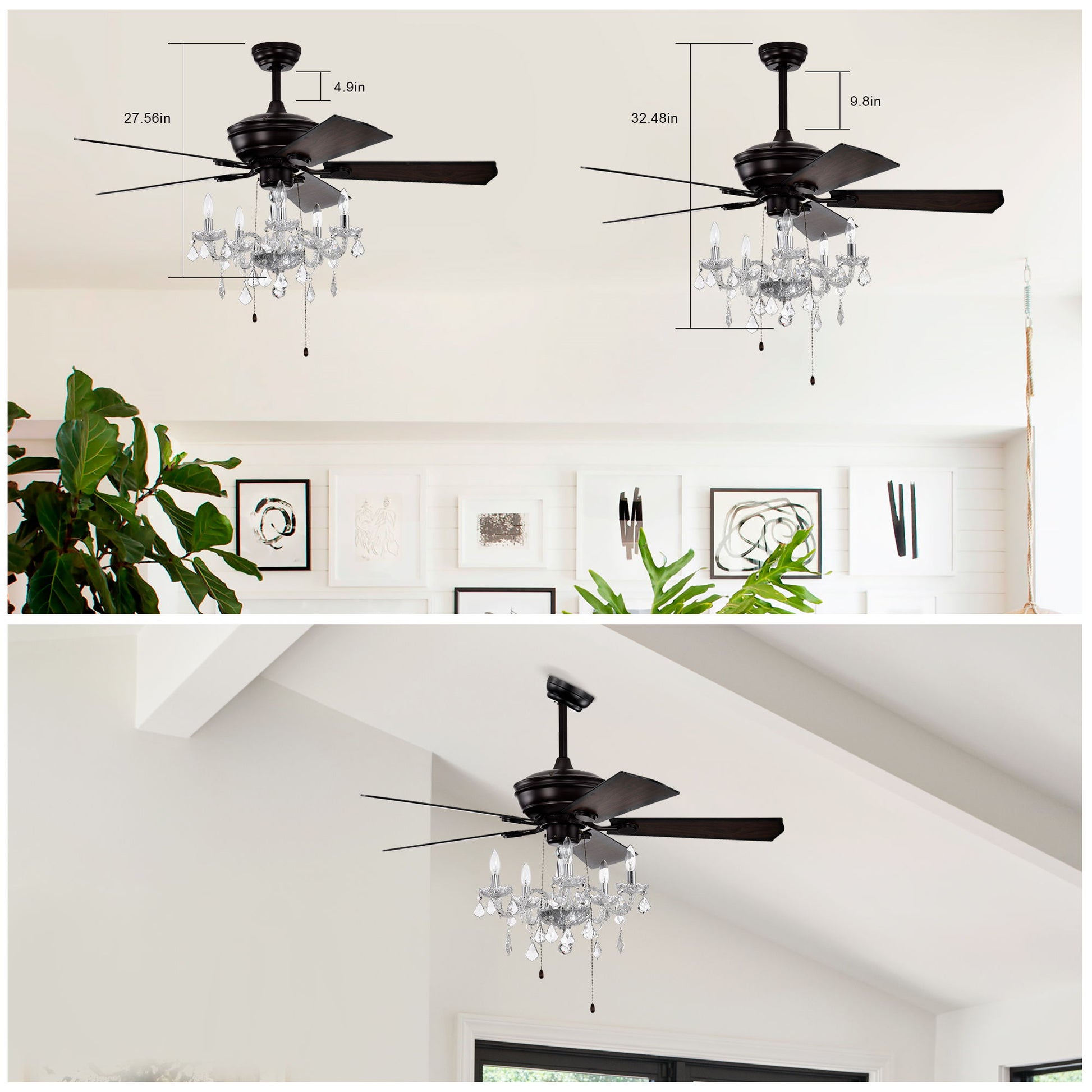 52" Crystal Shade Ceiling Fan Lamp, 3 Speed, 4 Timing, 5 Reversible Blades Crystal Ceiling Fan, 5 Pieces X E12 (No Include Bulb), Hand Pull Chain - Matte Black - Best Buy Furniture