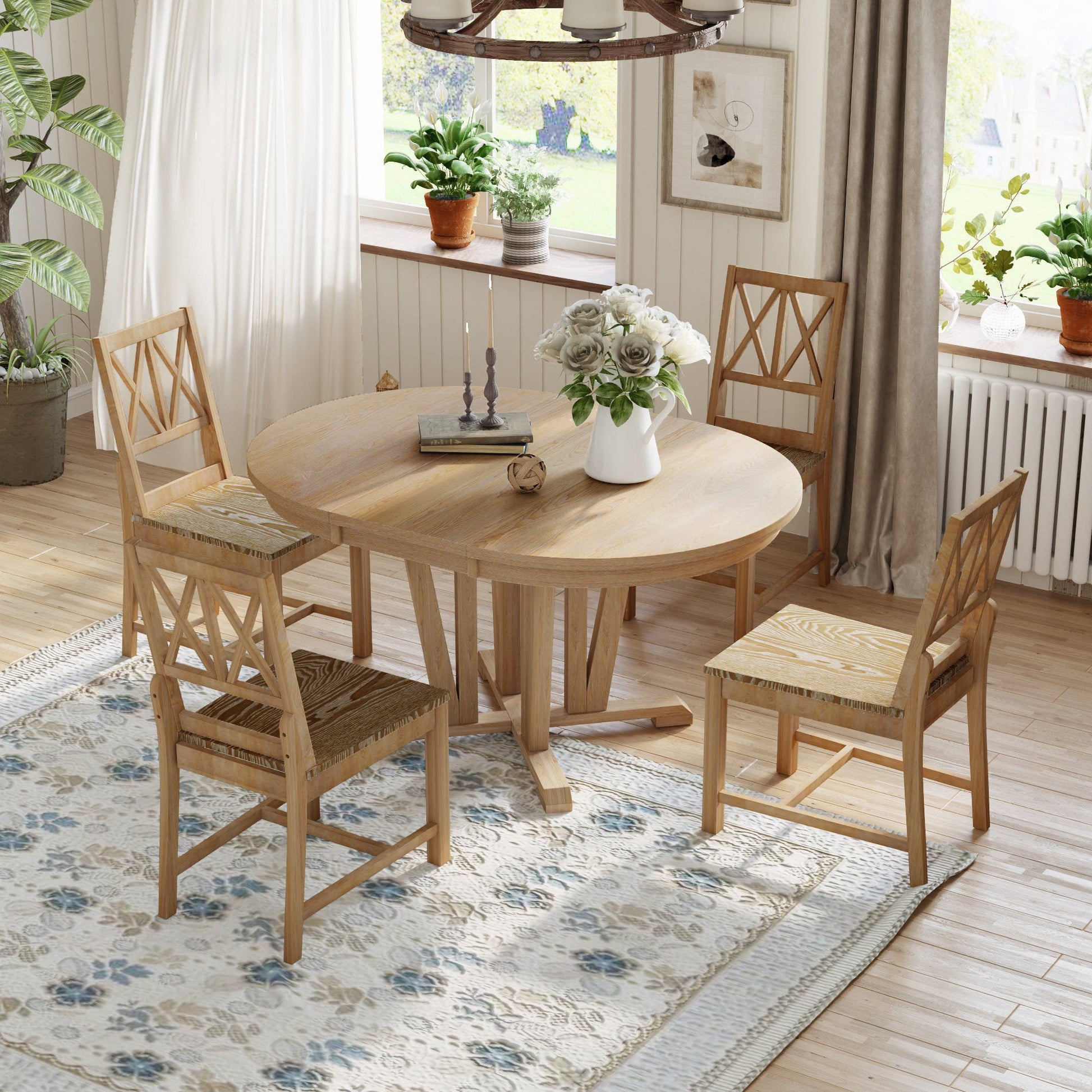 Topmax - 5 Piece Rustic Extendable Dining Table Set Round Trestle Table And 4 Cross Back Dining Chairs For Kitchen, Dining Room - Best Buy Furniture
