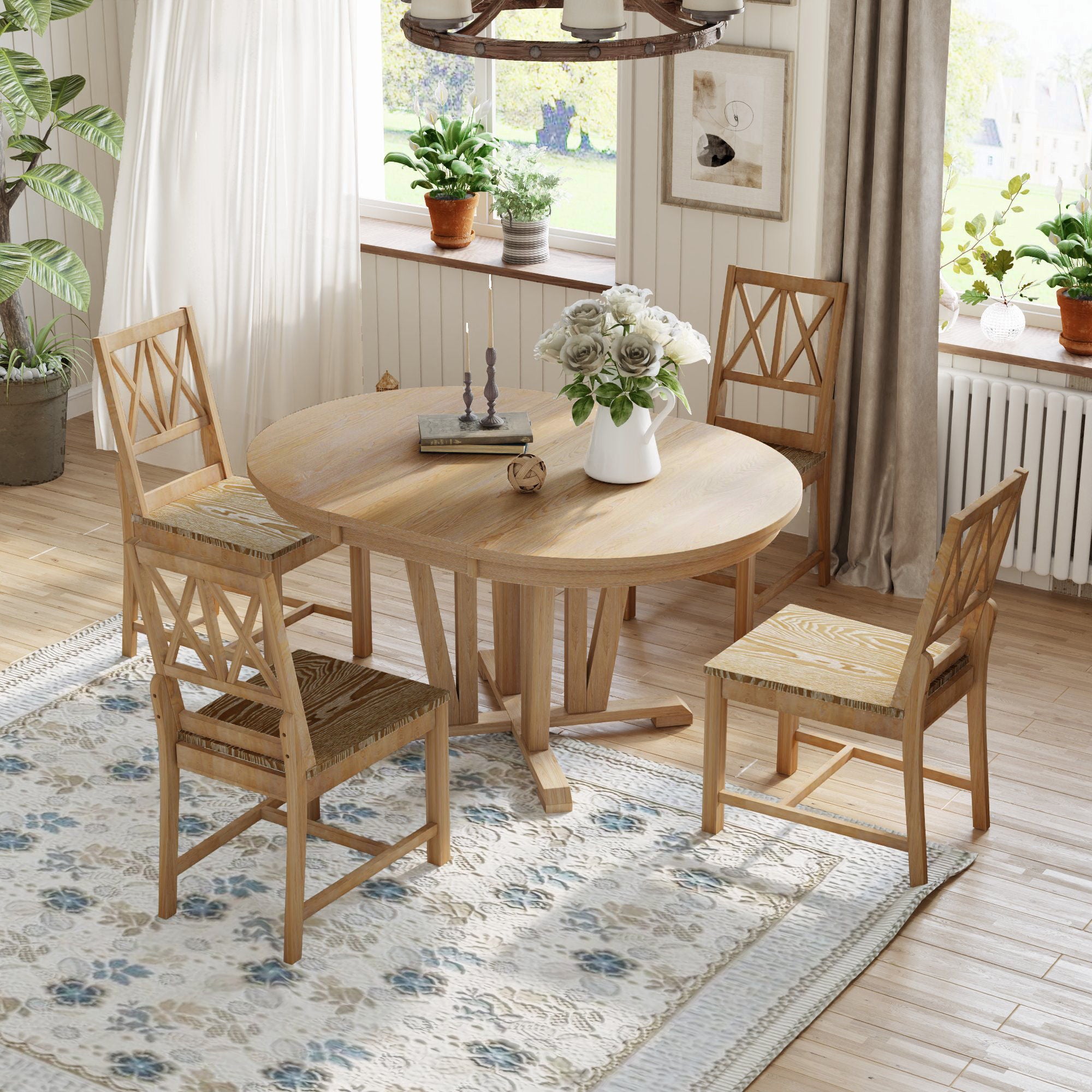 Topmax - 5 Piece Rustic Extendable Dining Table Set Round Trestle Table And 4 Cross Back Dining Chairs For Kitchen, Dining Room - Best Buy Furniture