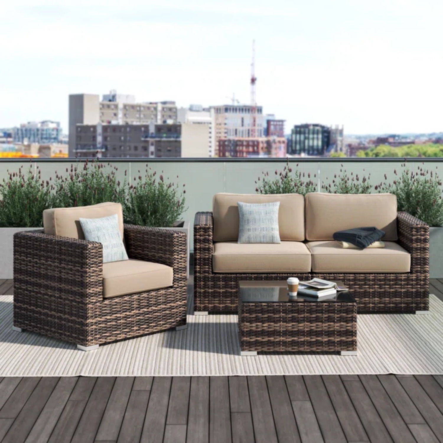 Modern Style Hdpe Wicker Seating Group With Cushions For 3 People In Brown Finish - Best Buy Furniture