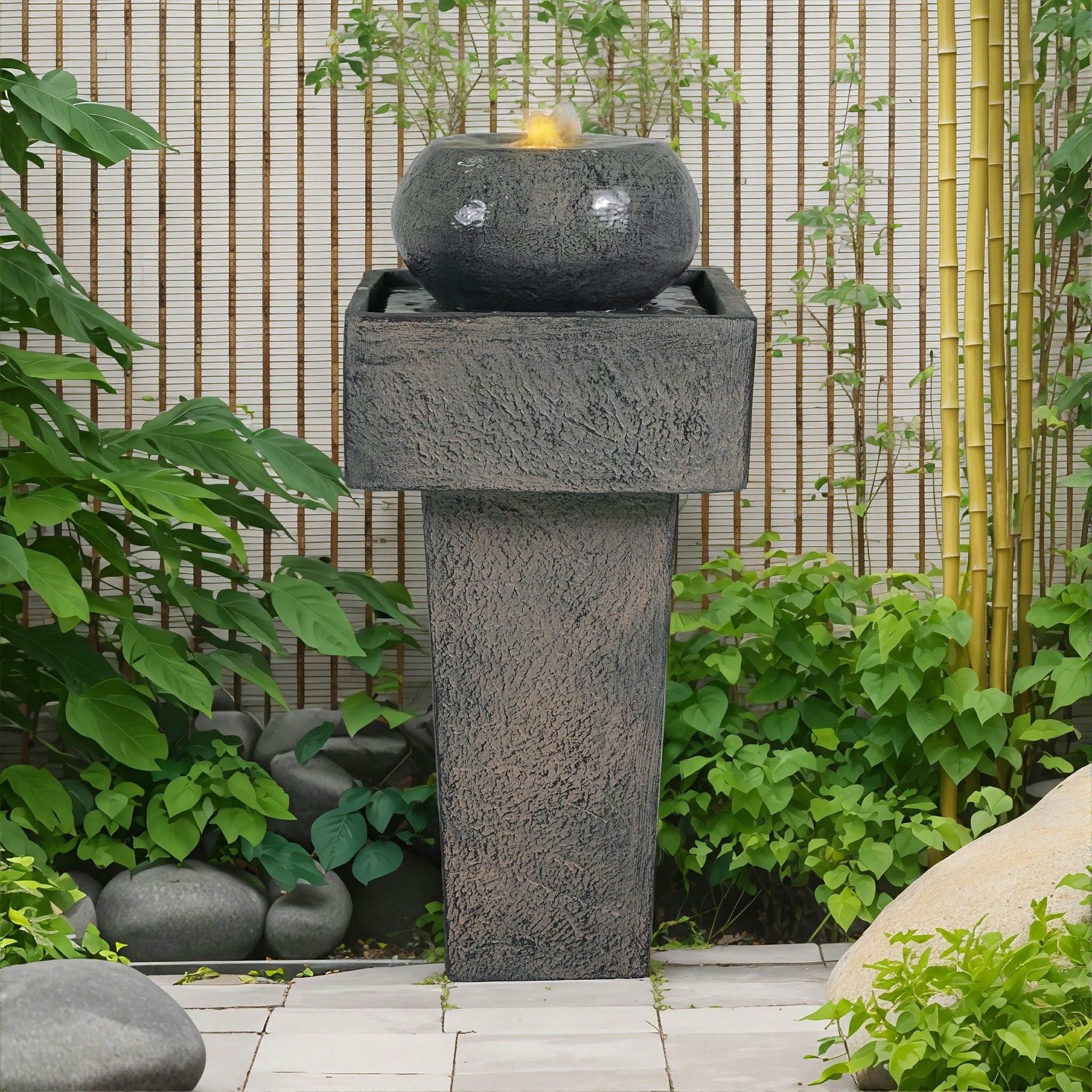 Minimalist Column Fountain With LED Lighting, Outdoor Decor For Patio, Porch And Garden - Gray - Best Buy Furniture