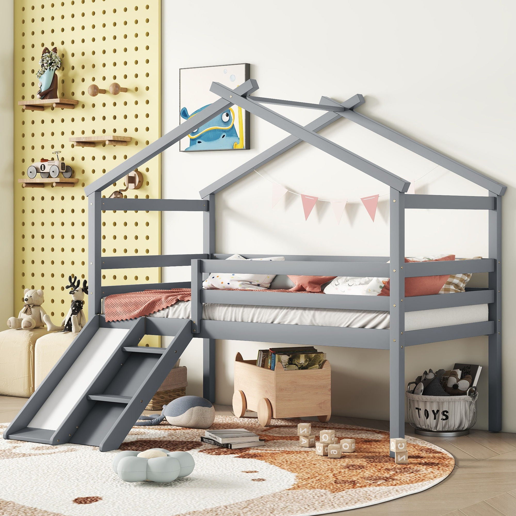 Low Loft House Bed With Slide, Ladder, Safety Guardrails, House Roof Frame - Best Buy Furniture