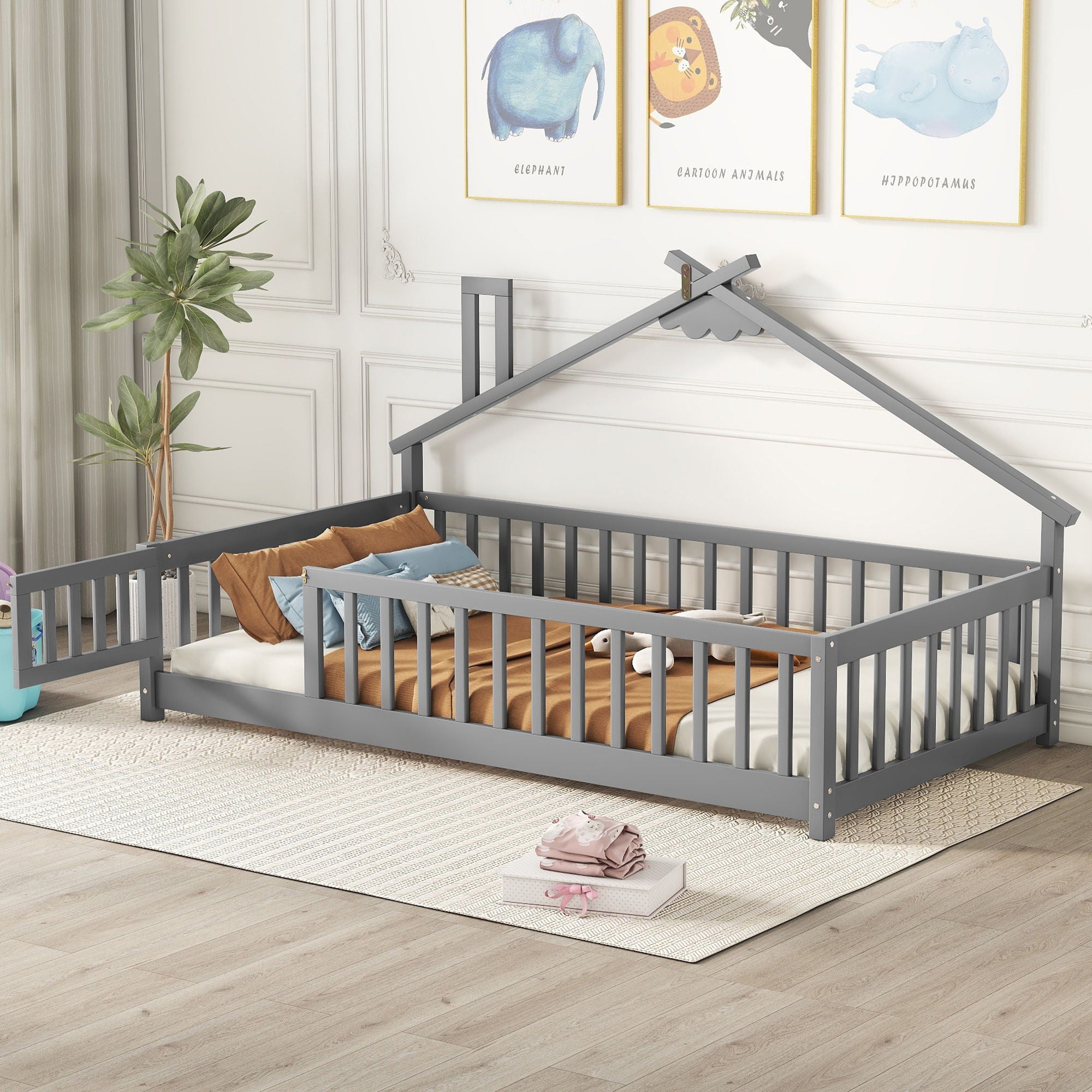 House-Shaped Bedside Floor Bed With Guardrails, Slats, With Door - Best Buy Furniture