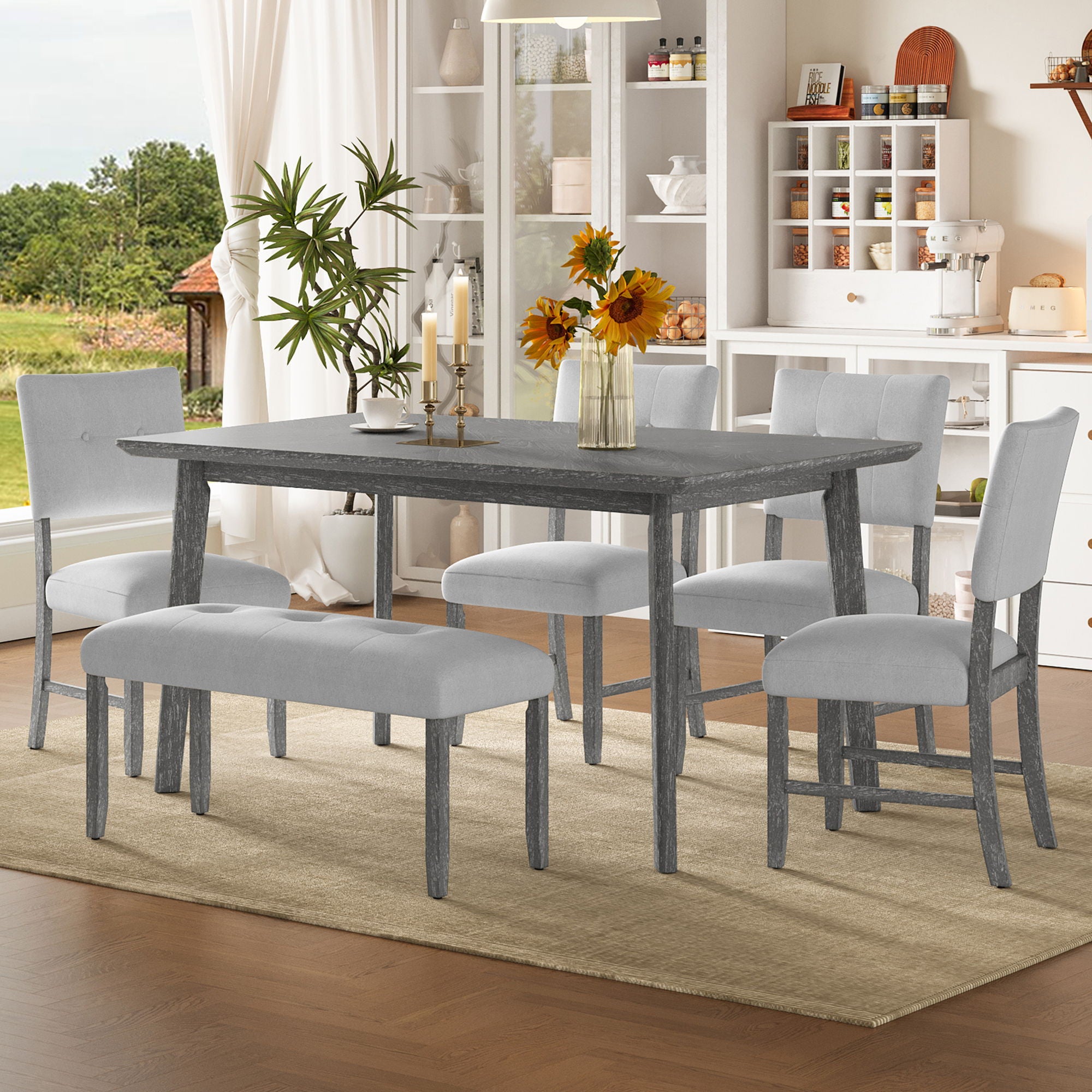 Rustic Farmhouse Dining Room Rectangular Table With 4 Upholstered Chairs And Bench