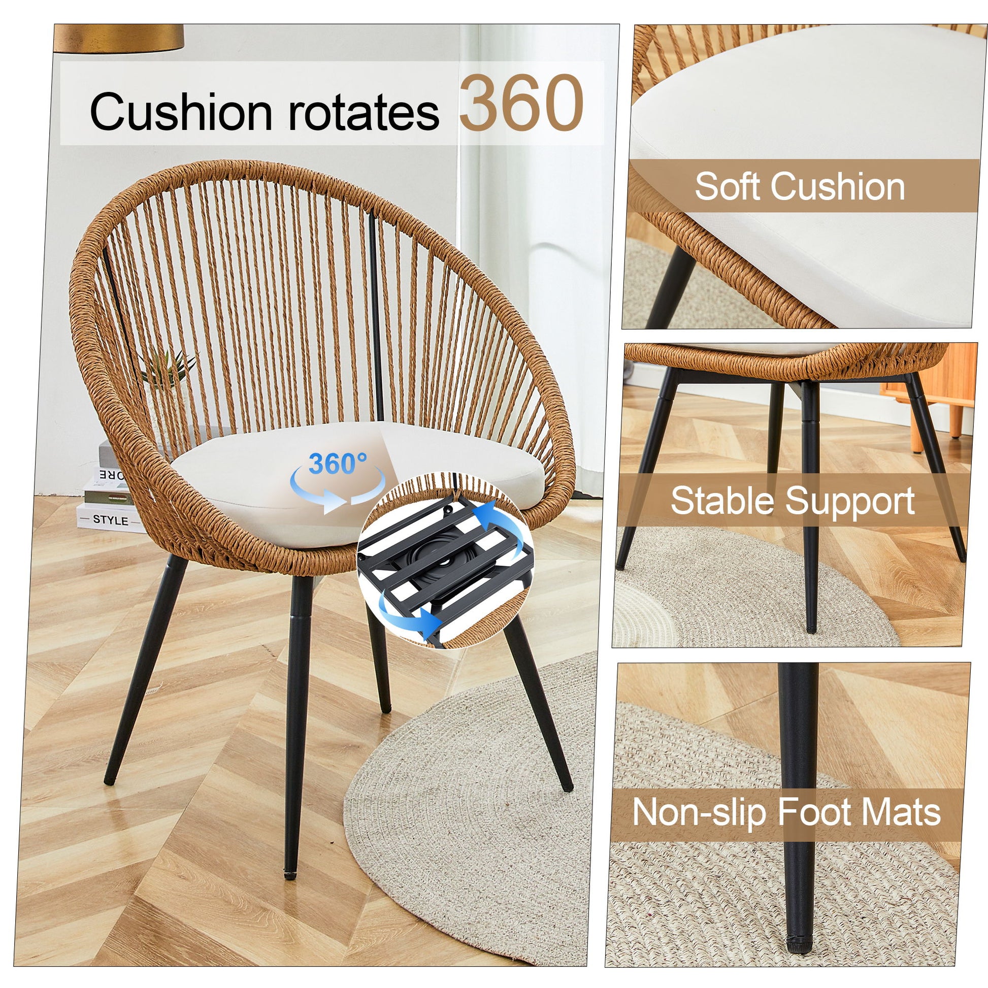 Modern 3 Piece Set, Anti - Spill Round Coffee Table, 2 Rattan Swivel Chairs, Outdoor Patio Furniture For Tea Time - Black / Wood - Best Buy Furniture