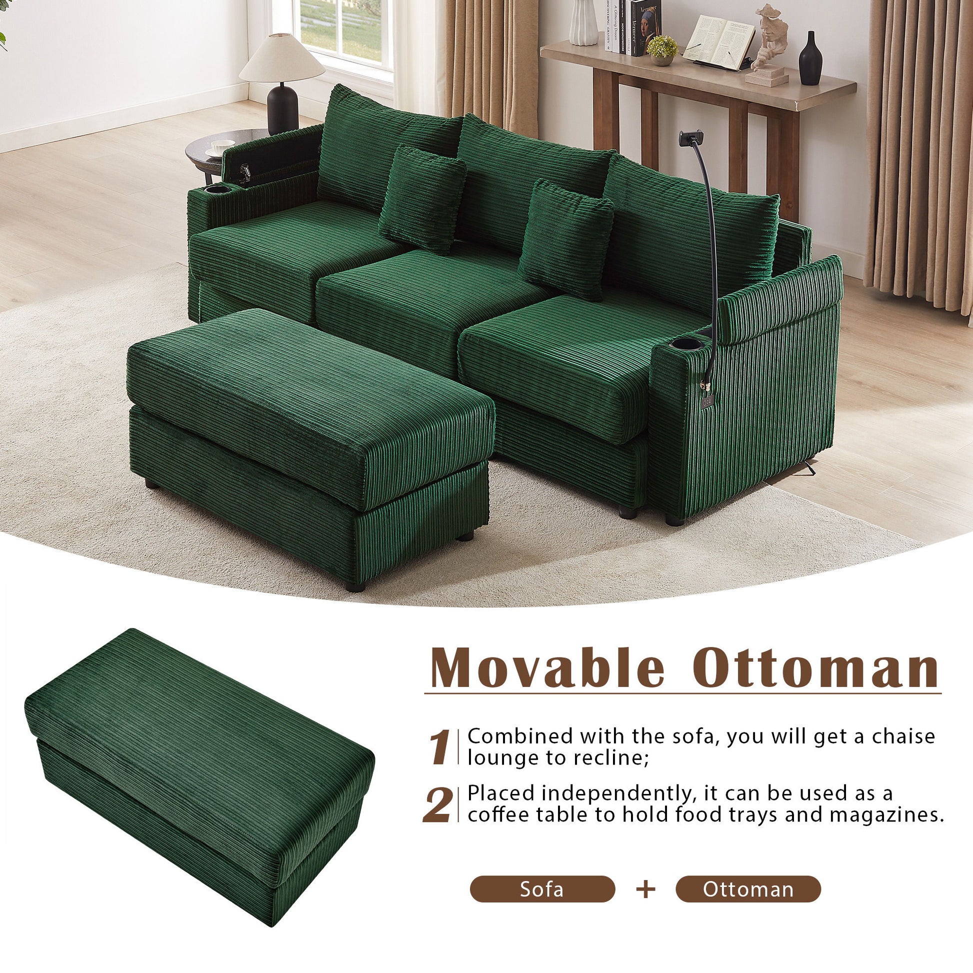 Modern Style Loveseat Sofa Sectional Sofa Couch With Storage Space, A Movable Ottoman, Two USB Ports, Two Cup Holders, A Phone Holder For Living Room - Best Buy Furniture