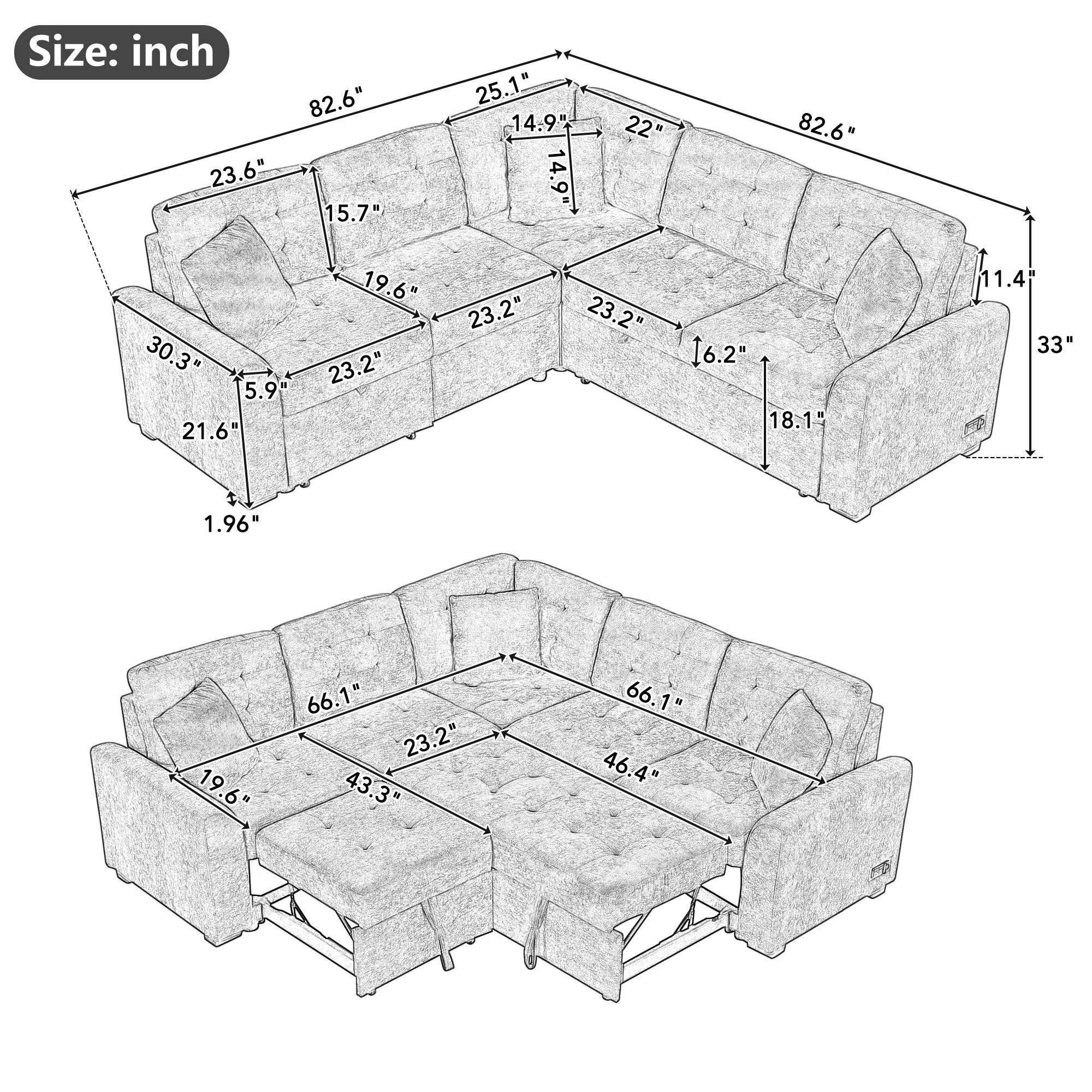 L-Shape Sofa Bed Pull-Out Sleeper Sofa With Wheels, USB Ports, Power Sockets For Living Room - Best Buy Furniture