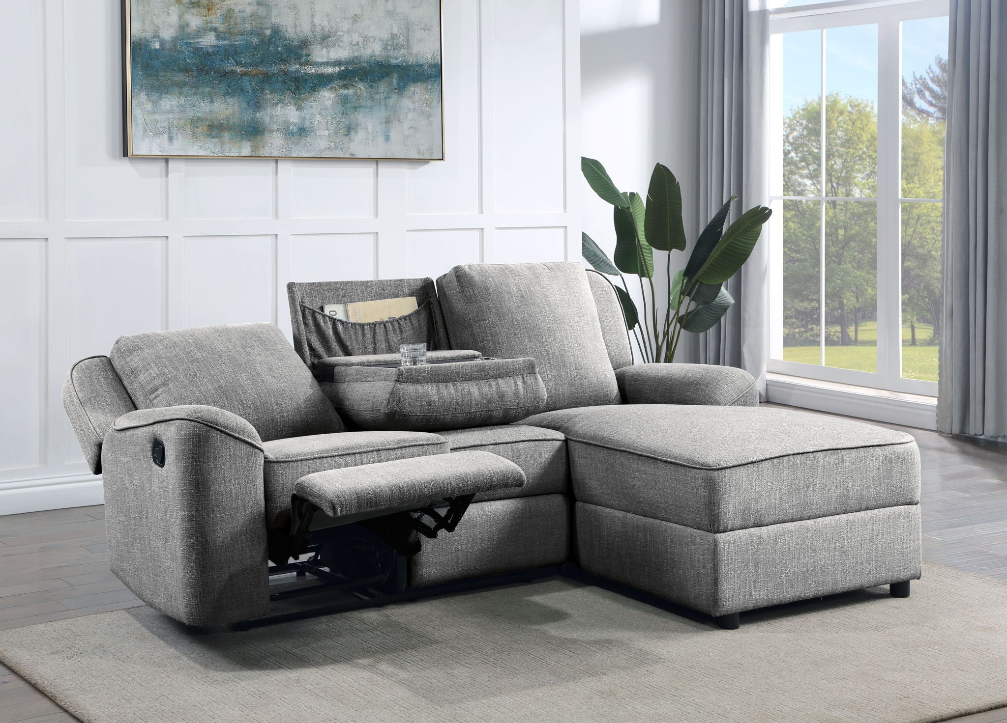 Destiny - Linen Sectional Sofa With Dropdown Table - Gray - Best Buy Furniture
