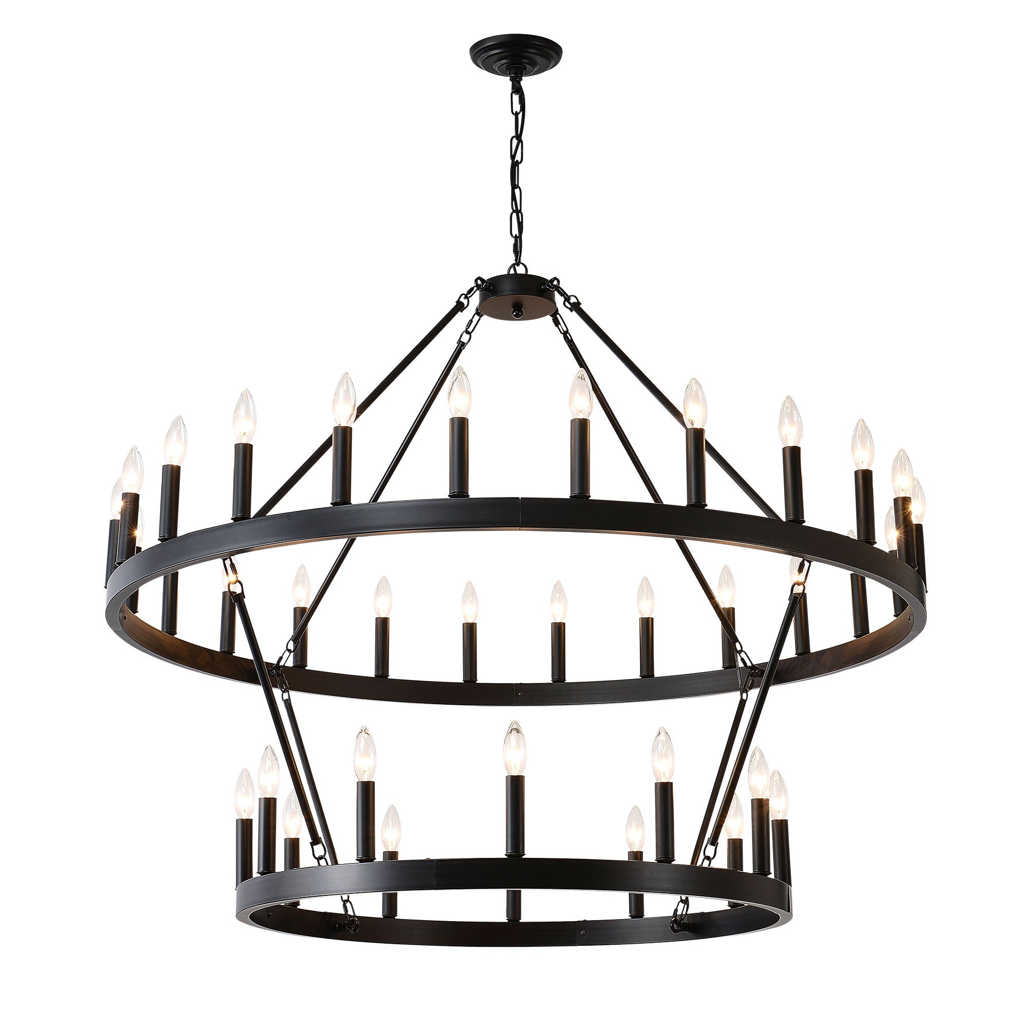 2 Tiers Wagon Wheel Chandelier Wooden Farmhouse 36 Light (24 / 12) Or (12 / 24) Metal Chandeliers 2 Story Light Fixtures Industrial For High Ceiling Living Dining Room Foyer, Adjustable Height - Black - Best Buy Furniture