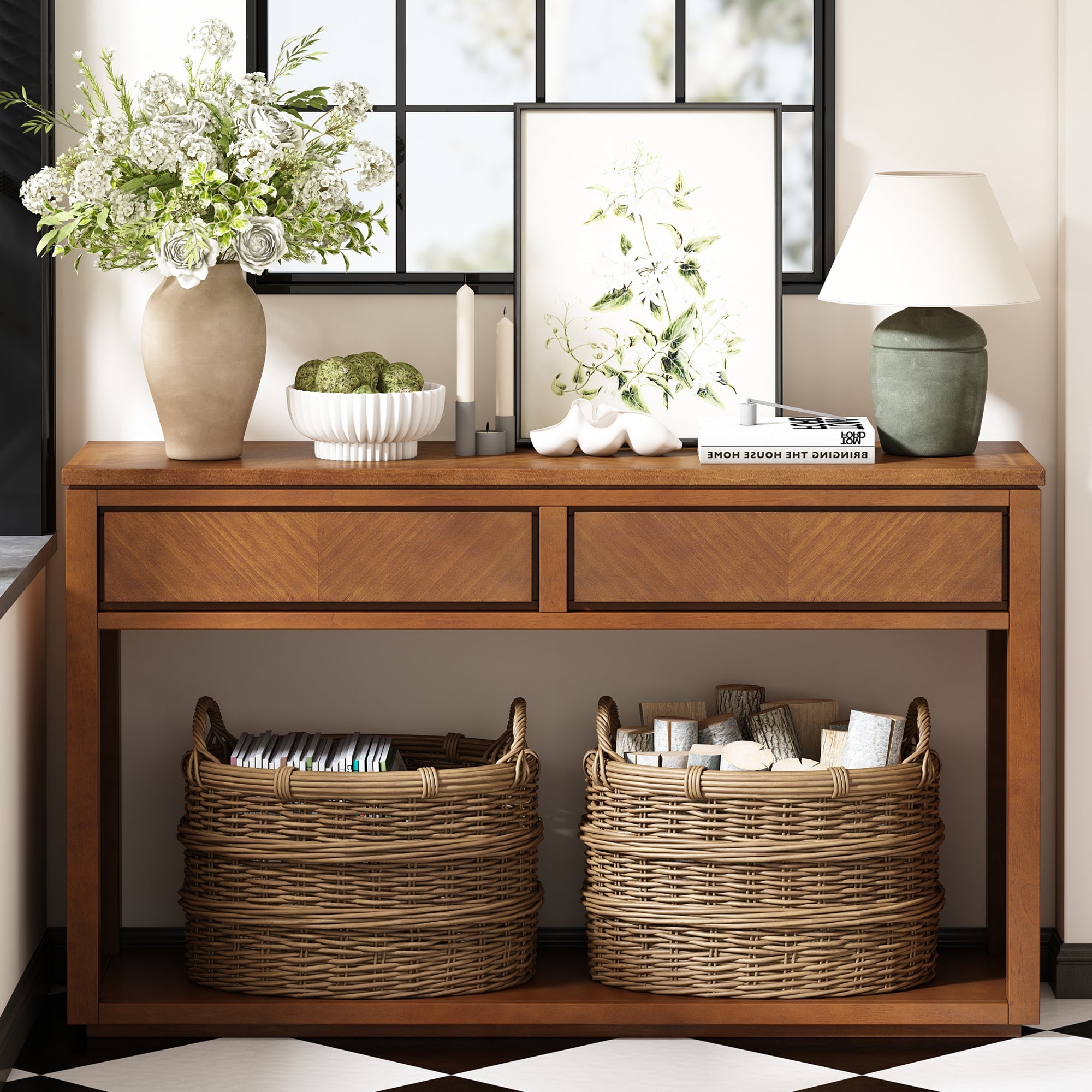 Chevron Pattern Wooden Console Table with Drawers & Open Shelf - Best Buy Furniture