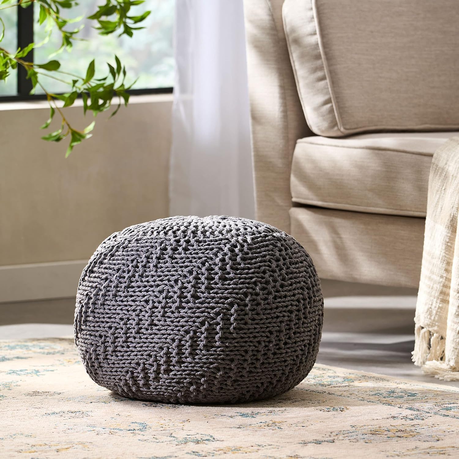 Hazel - Modern Knitted Cotton Yarn Round Pouf With Eco Friendly Pet Fibers - Dark Gray - Best Buy Furniture
