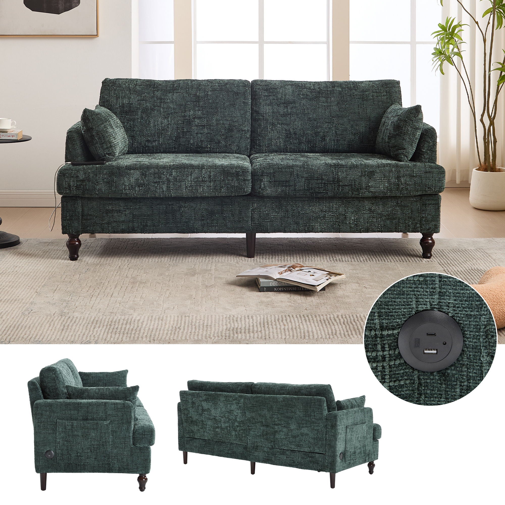 Chenille 2 Seater Sofa With LED Light, USB Charging Port, And Storage Bag - Best Buy Furniture