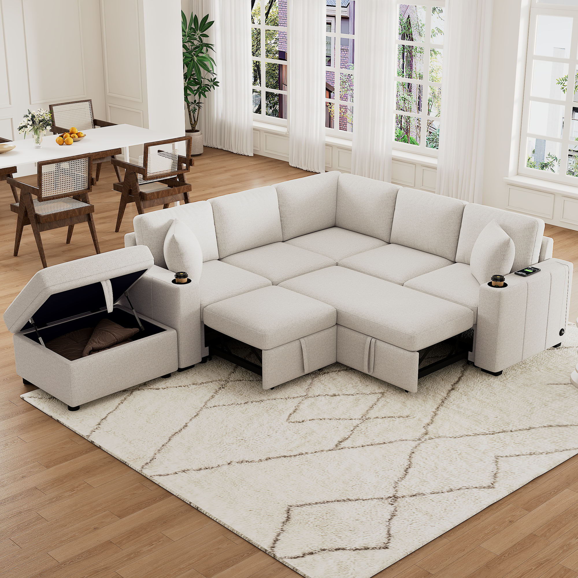 Sectional Sofa Convertible Pull-Out Sofa Bed With A Movable Storage Ottoman For Living Room - Best Buy Furniture