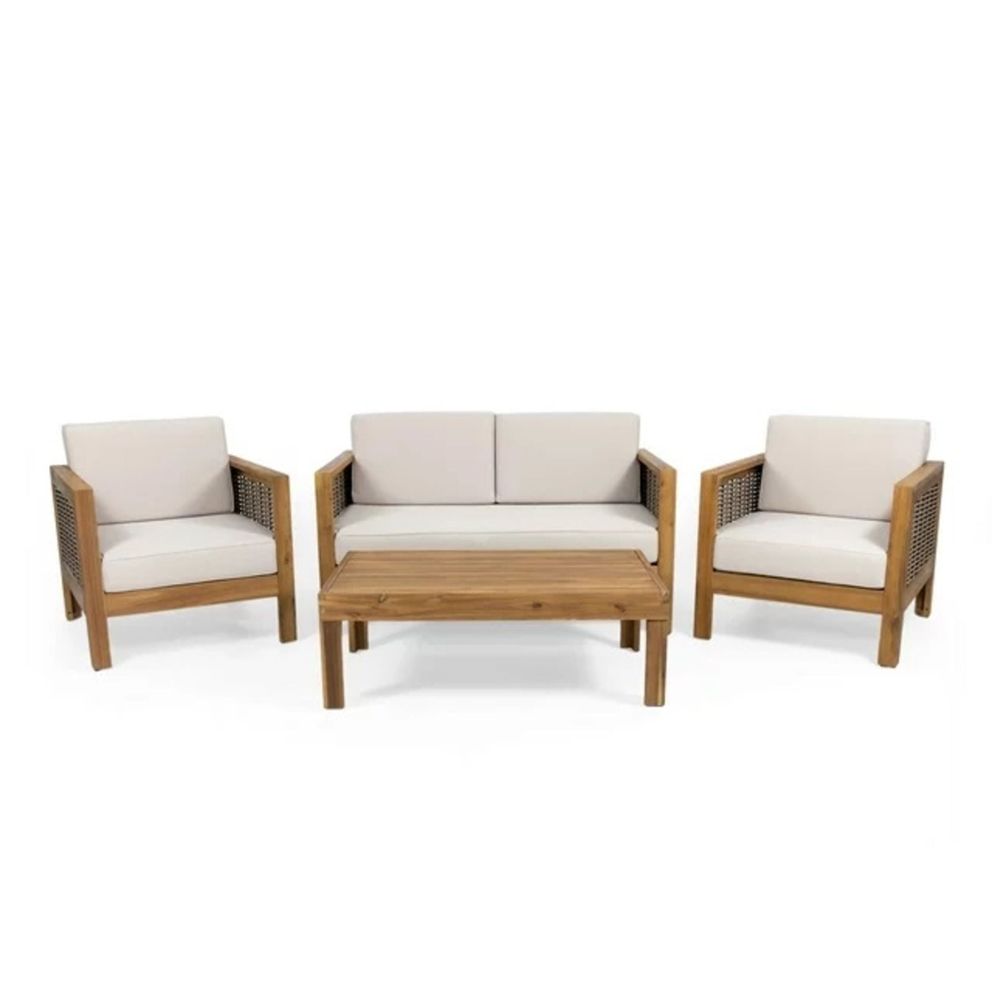 Outdoor 4 Seater Acacia Wood Chat Set With Wicker Accents And Cushions - Teak / Mixed Brown / Beige - Best Buy Furniture