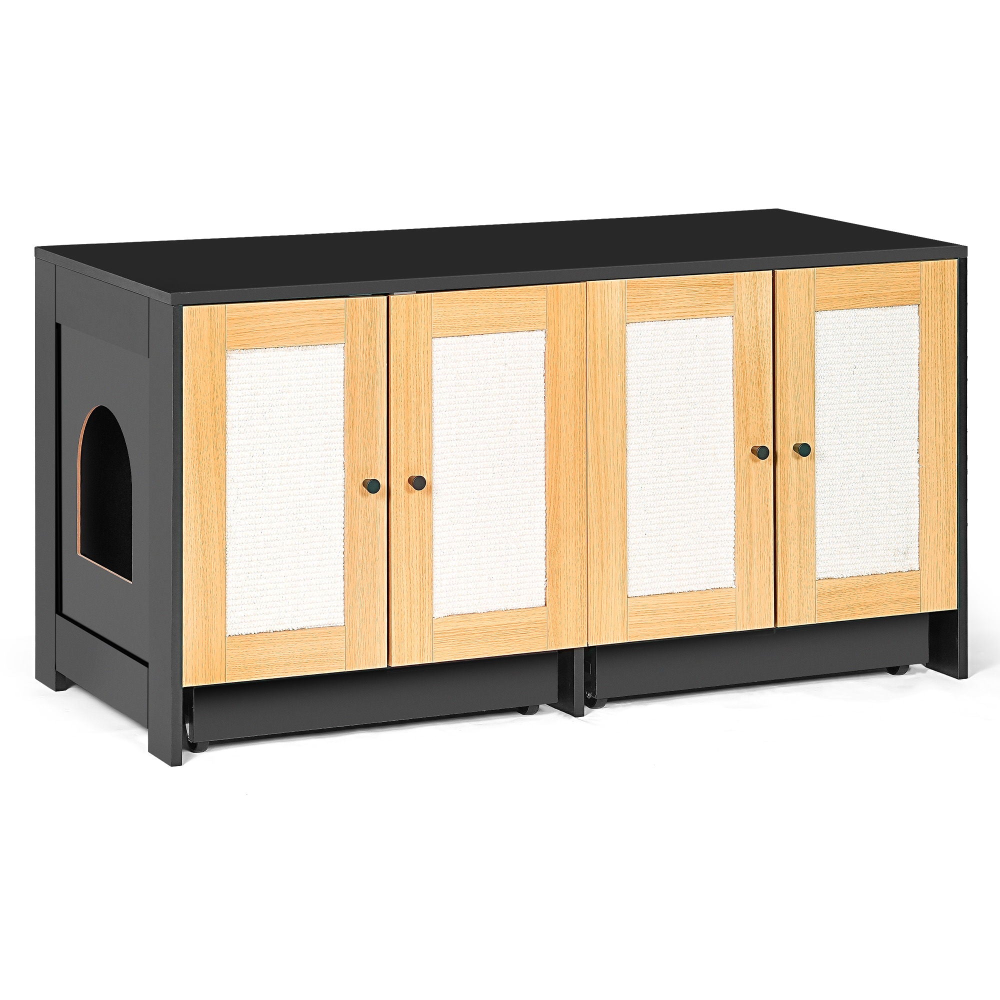 Double Litter Box Enclosure, Cat Litter Box Enclosure For 2 Cats, Hidden Litter Box Furniture With Rattan Doors - Black - Best Buy Furniture
