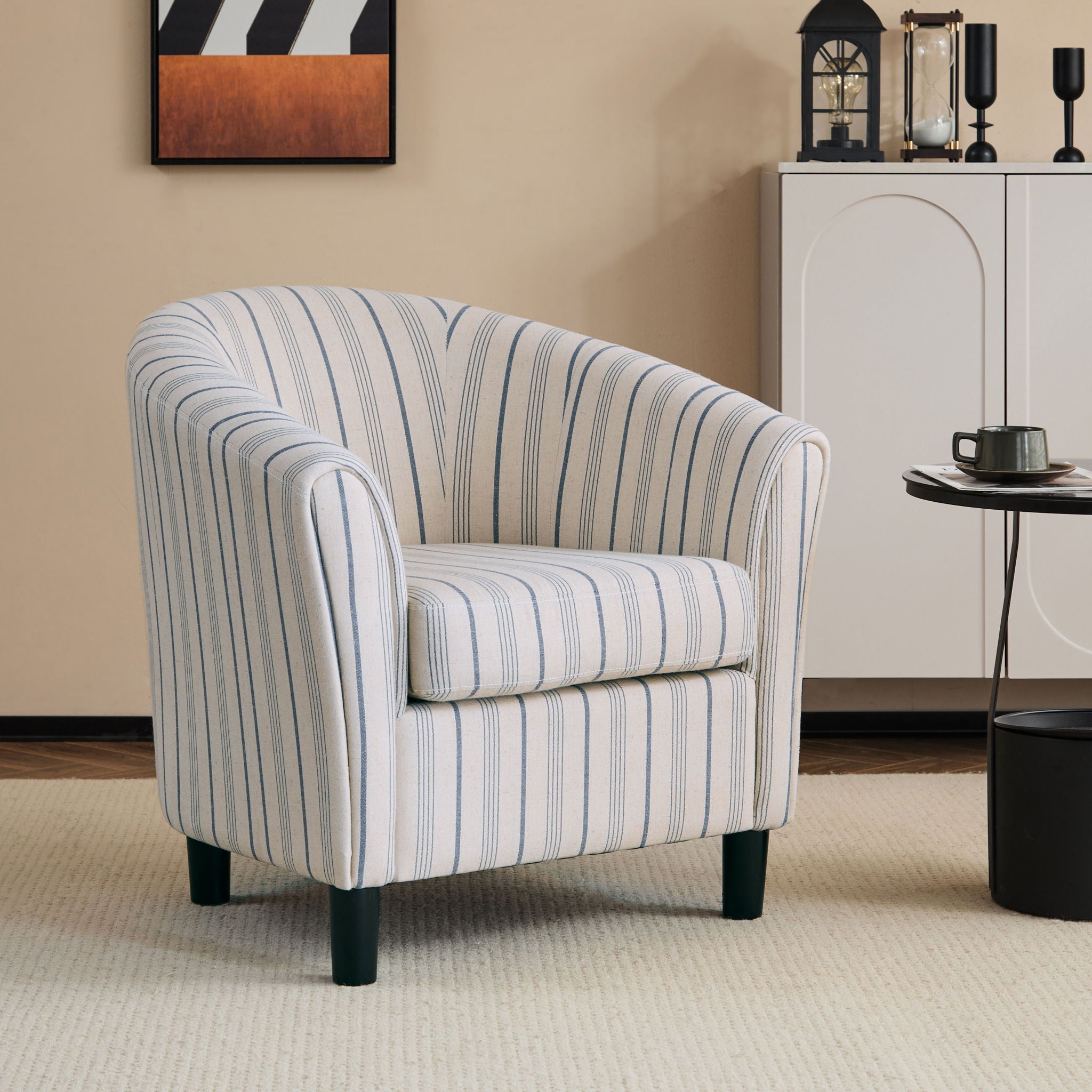 Modern Barrel Fabric Striped Barrel Chair With Channel Stitching - Beige / Blue Stripe - Best Buy Furniture