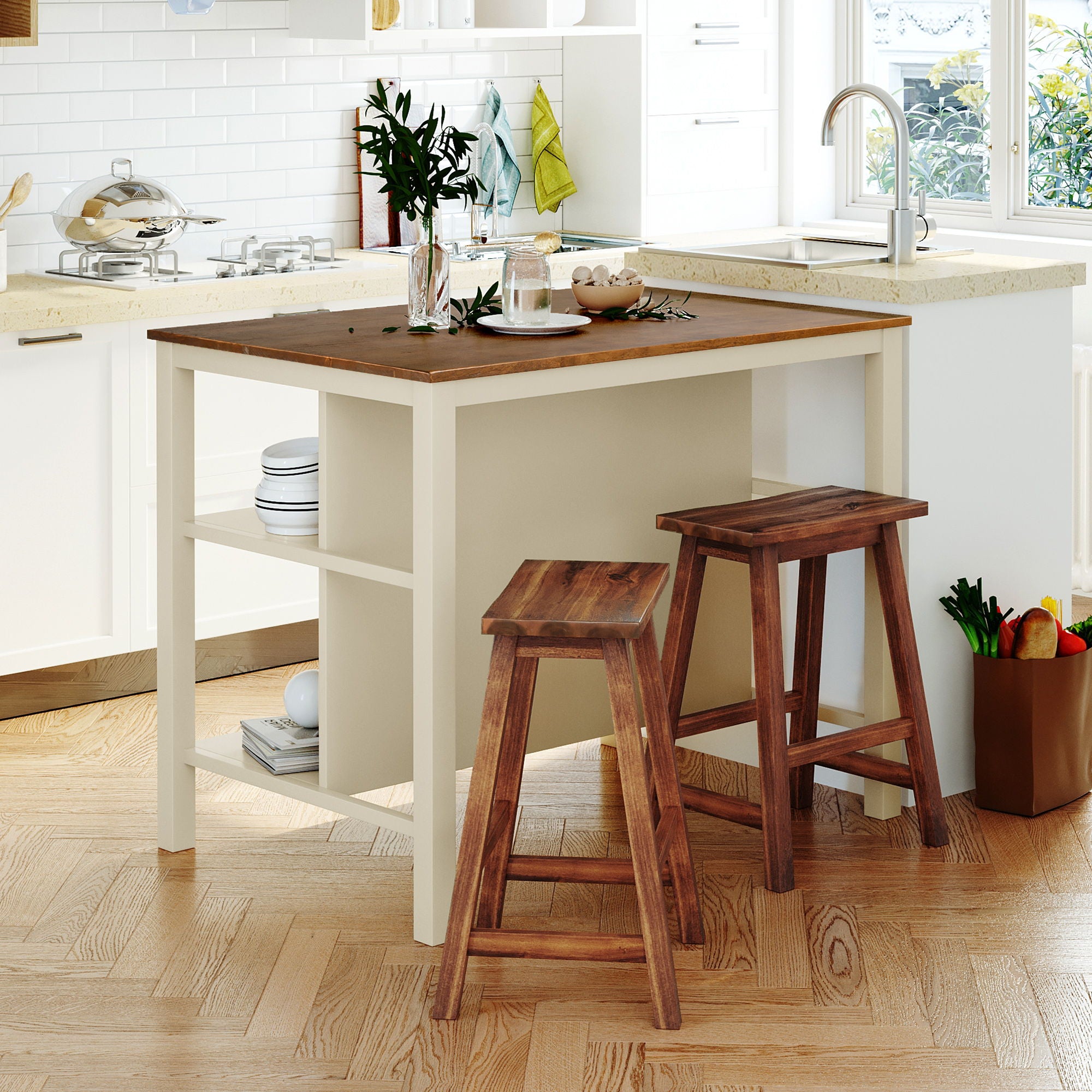 Rustic 3 Piece Stationary Kitchen Island Set With 2 Seatings, With 2 Open Shelves - Best Buy Furniture