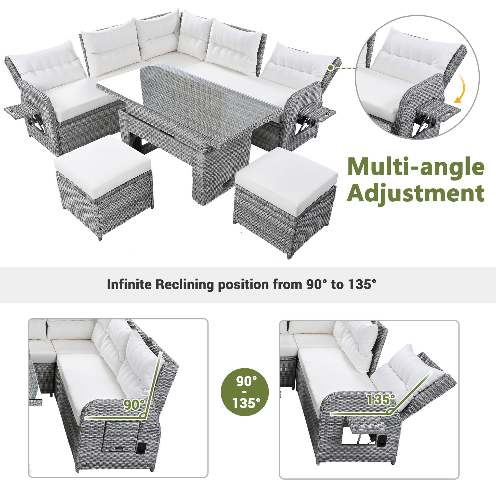 Outdoor Furniture Set Patio Rattan Furniture Set With Adjustable Table, Recliners With Extendable Side Tables And 2 Ottomans - Best Buy Furniture