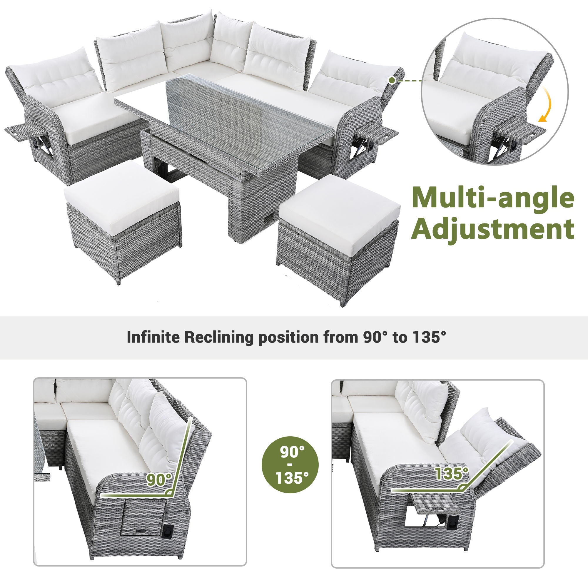 Outdoor Furniture Set Patio Rattan Furniture Set With Adjustable Table, Recliners With Extendable Side Tables And 2 Ottomans - Best Buy Furniture