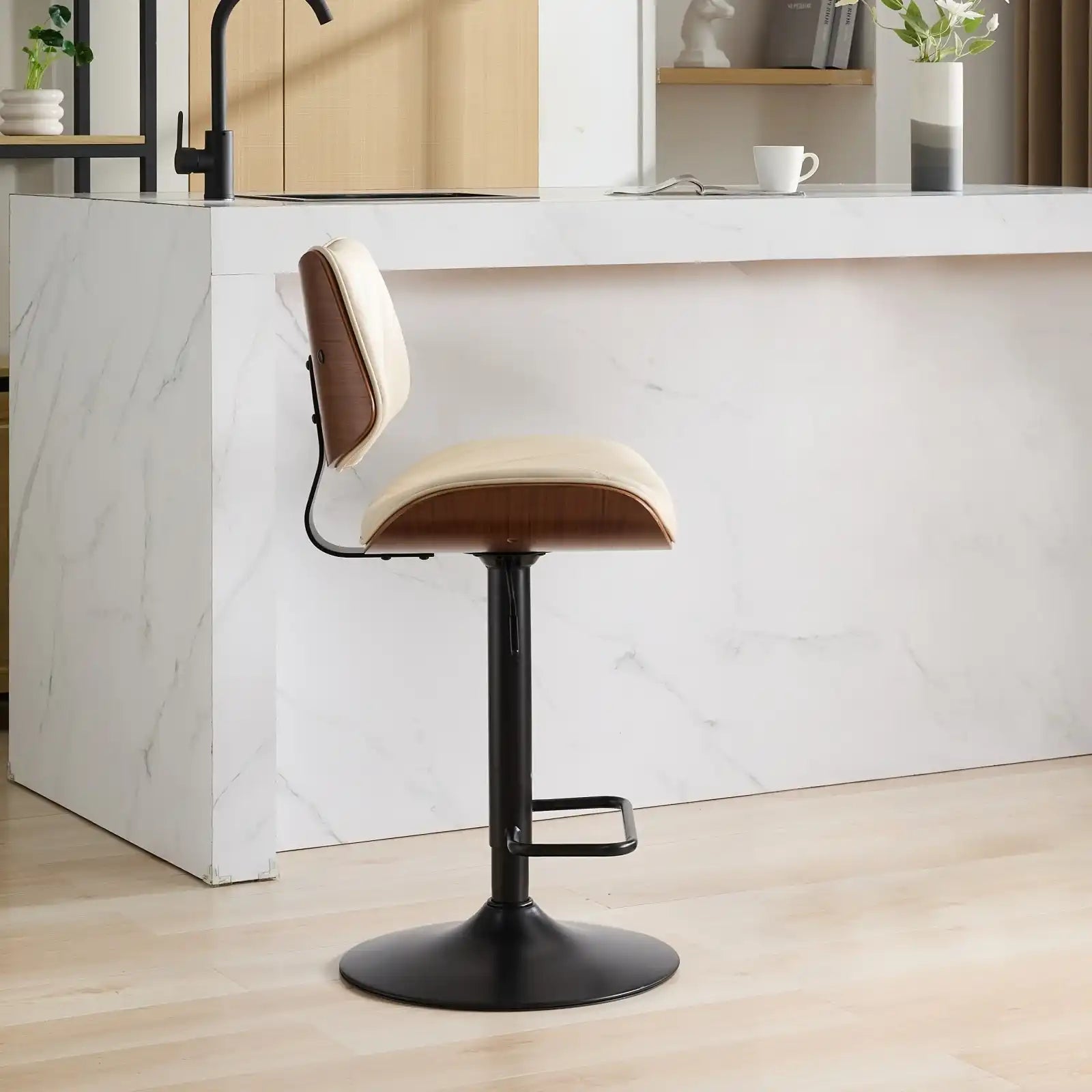 Mid Century Modern Walnut Bar Stool, Adjustable Black Leather Swivel Chair, Beige - Best Buy Furniture