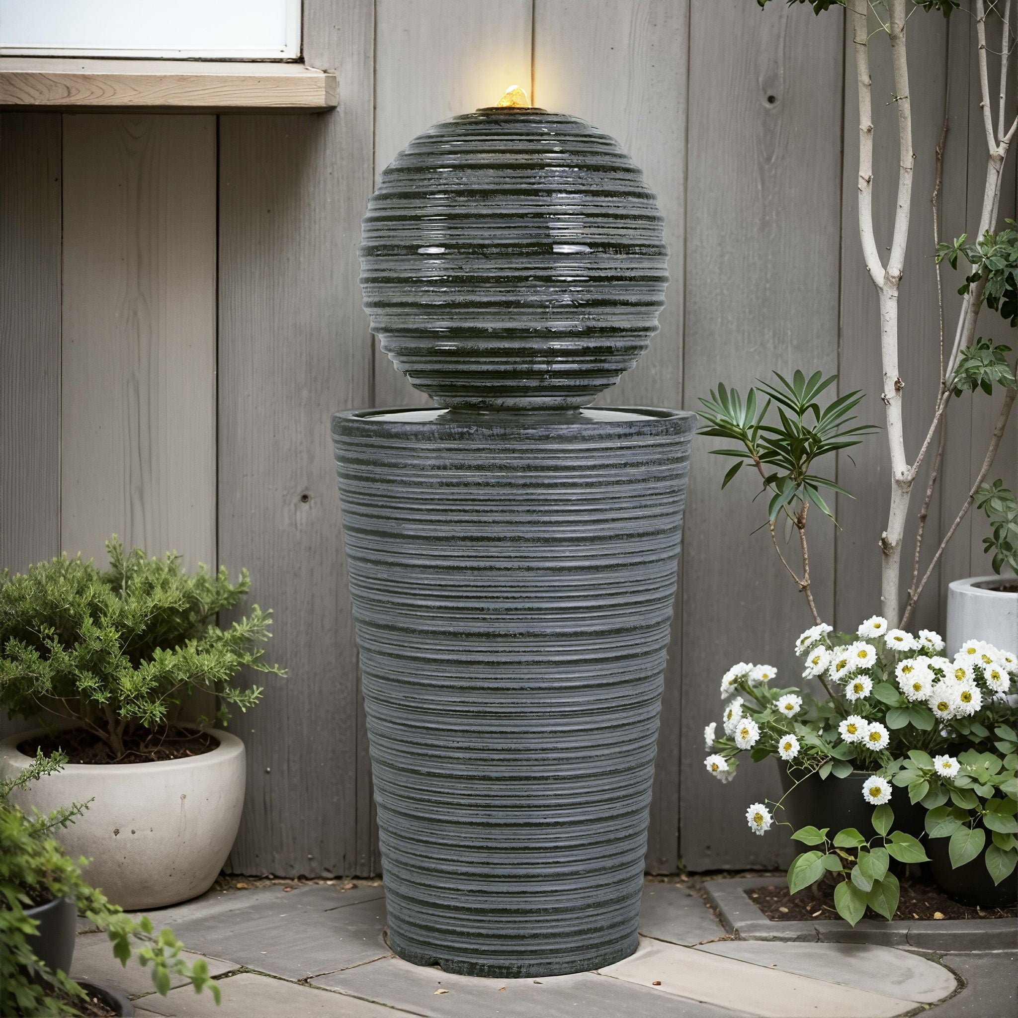 31.5" Tall Striped Column Fountain With LED Light Design For Outdoor Spaces - Gray - Best Buy Furniture
