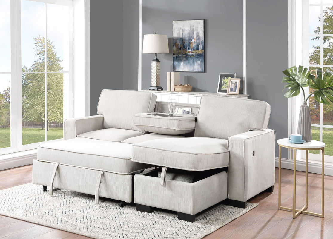 Estelle - Fabric Reversible Sleeper Sectional With Storage Chaise Drop-Down Table 2 Cup Holders And 2 USB Ports - Best Buy Furniture