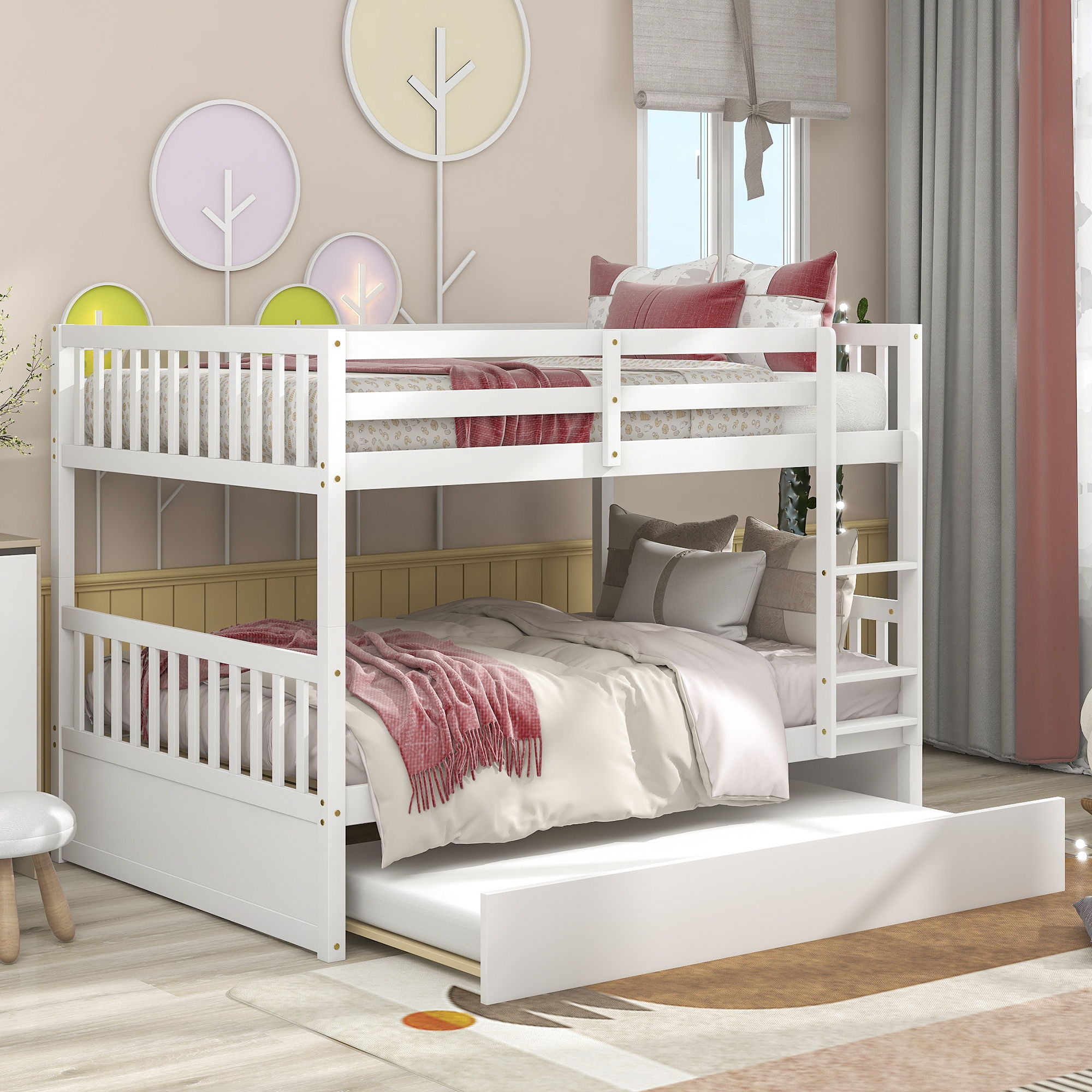 Bunk Bed With Trundle, Convertible To 2 Size Platform Bed, Bunk Bed With Ladder And Safety Rails For Kids - Best Buy Furniture