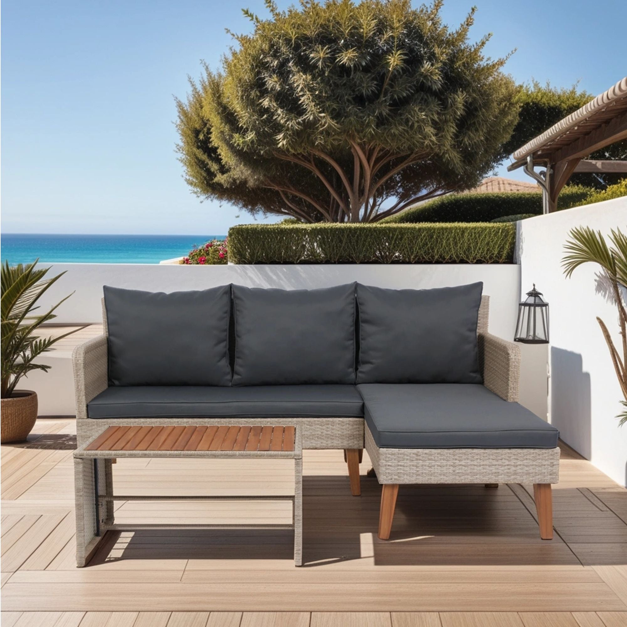 3 Piece Patio Sectional Wicker Rattan Outdoor Furniture Sofa Set Natural Wicker And Cushion - Yellow / Dark Gray - Best Buy Furniture