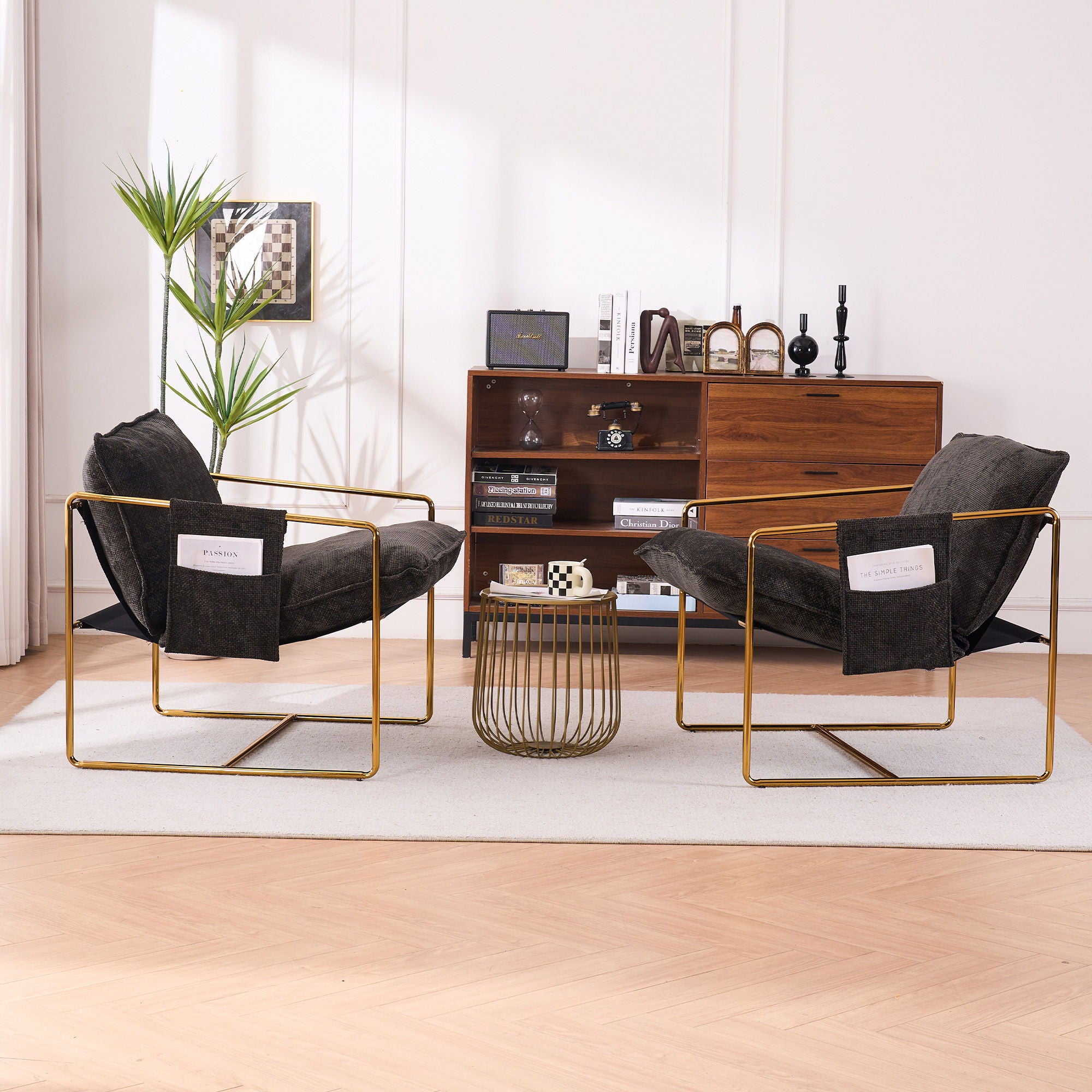 Upholstered Hanging Armchair With Arm Pocketsmetal Frame (Set of 2), Gold-Plated Craftsmanship, Crushed Foam Cushions And Skin-Friendly Woven Fabric For Living Room And Bedroom - Best Buy Furniture