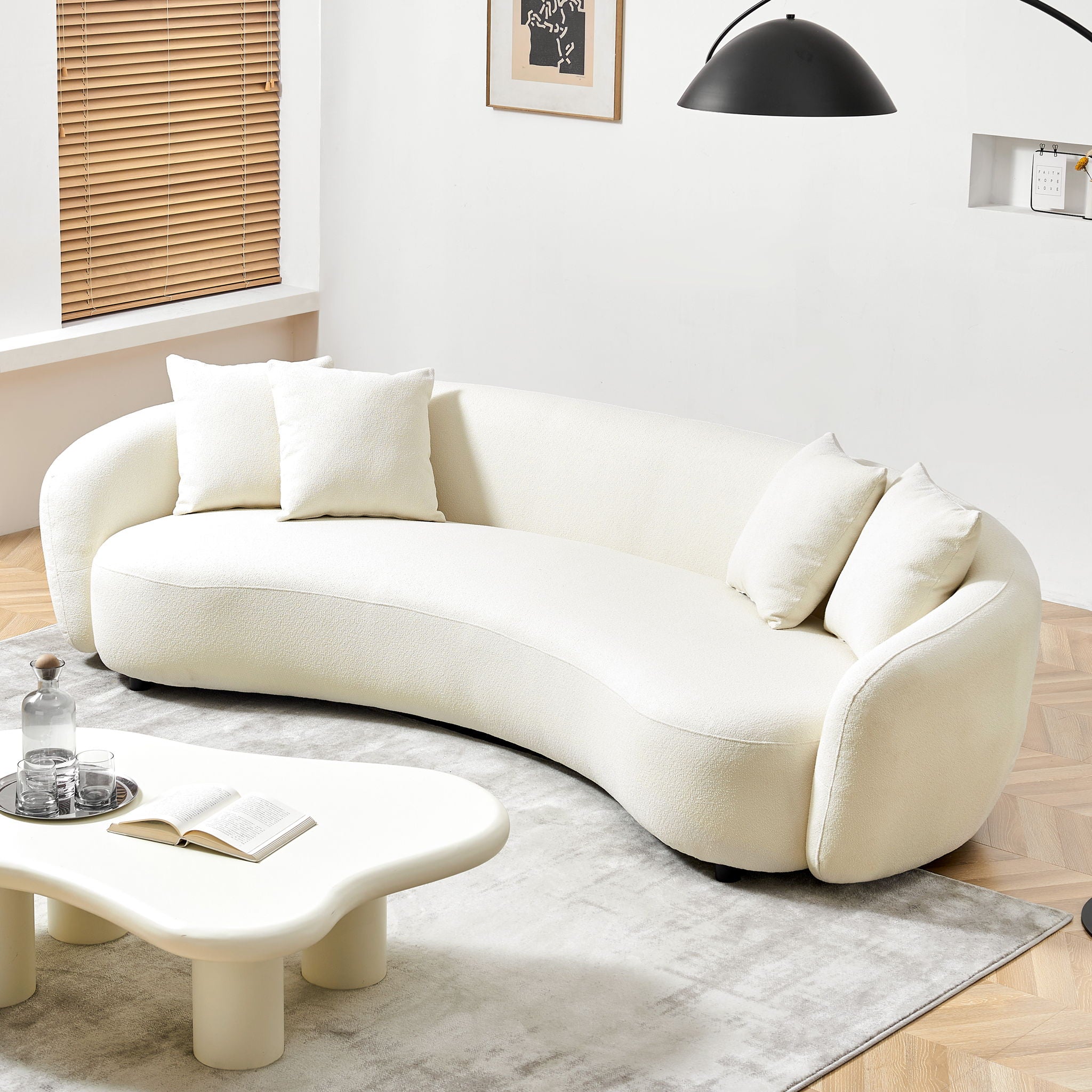 Modern Curved Sofa Mid-Century Comfy Half Moon Teddy Fabric Couch, 101" Upholstered With 4 Throw Pillows For Living Room - White - Best Buy Furniture
