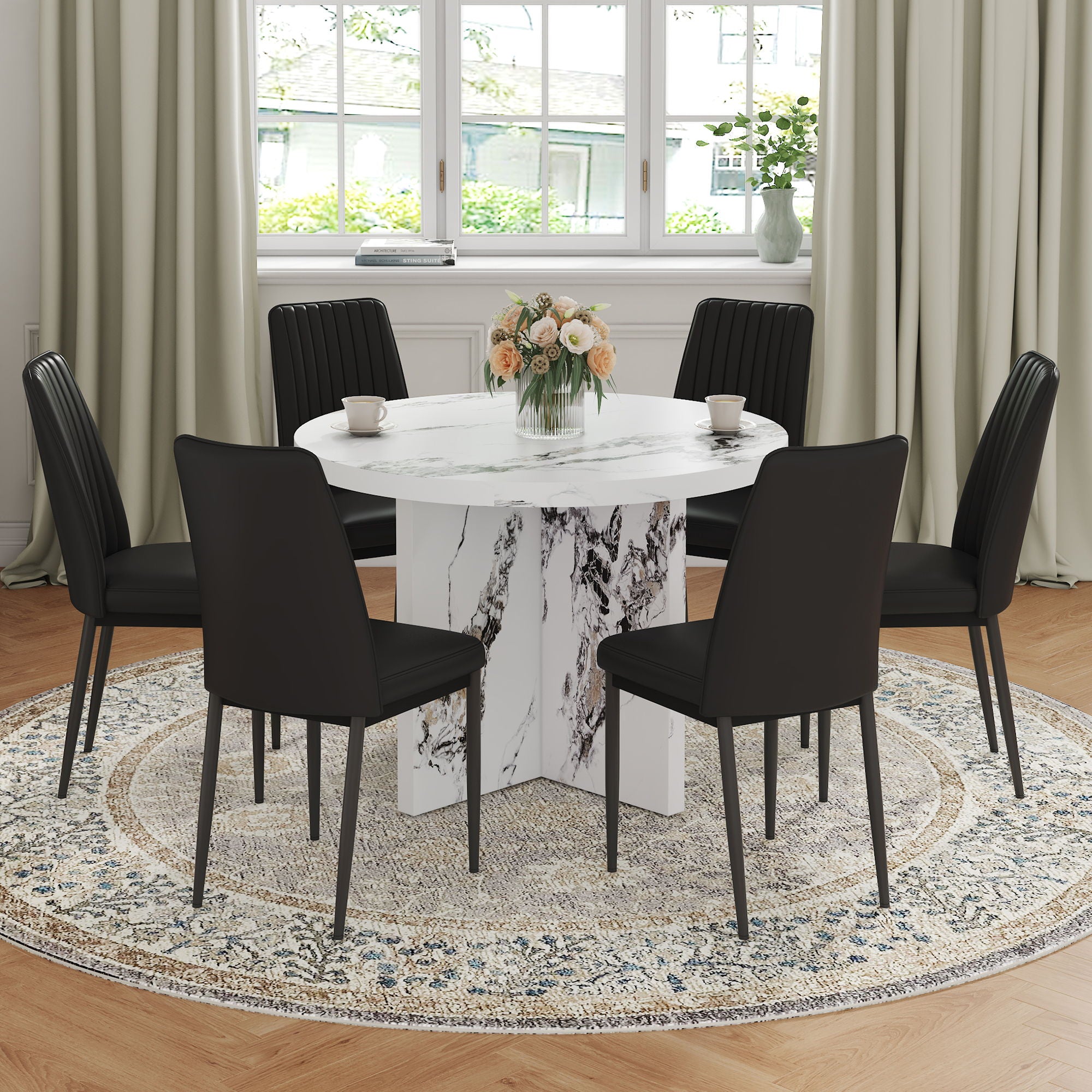 7 Piece Round Dining Table Set, Modern Round Table And 6 Upholstered Chairs For Dining Room, Kitchen Room, Living Room - White / Black - Best Buy Furniture