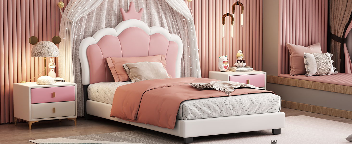 Twin Size Upholstered Princess Bed & Crown Headboard, Platform Bed With Headboard And Footboard - White / Pink - Best Buy Furniture