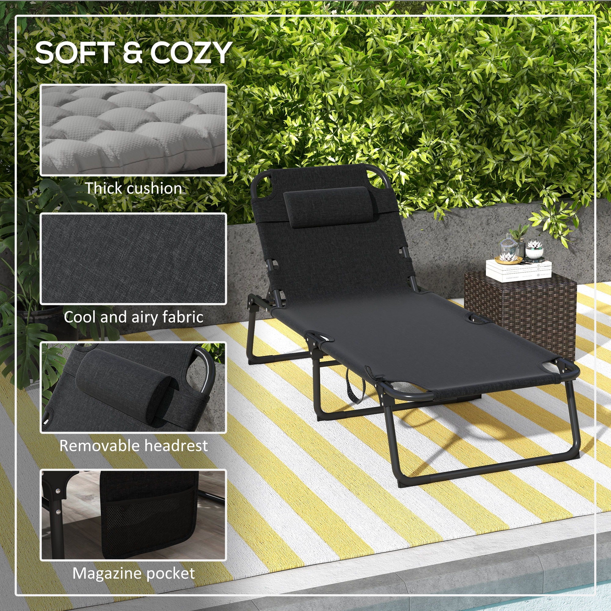 Outsunny - Outdoor Chaise, Adjustable Folding Chaise Lounge With 4-Position Backrest, Magazine Pocket, Removable Head Pillow, Sun Bathing Lounger Chair For Patio, Beach - Gray - Best Buy Furniture