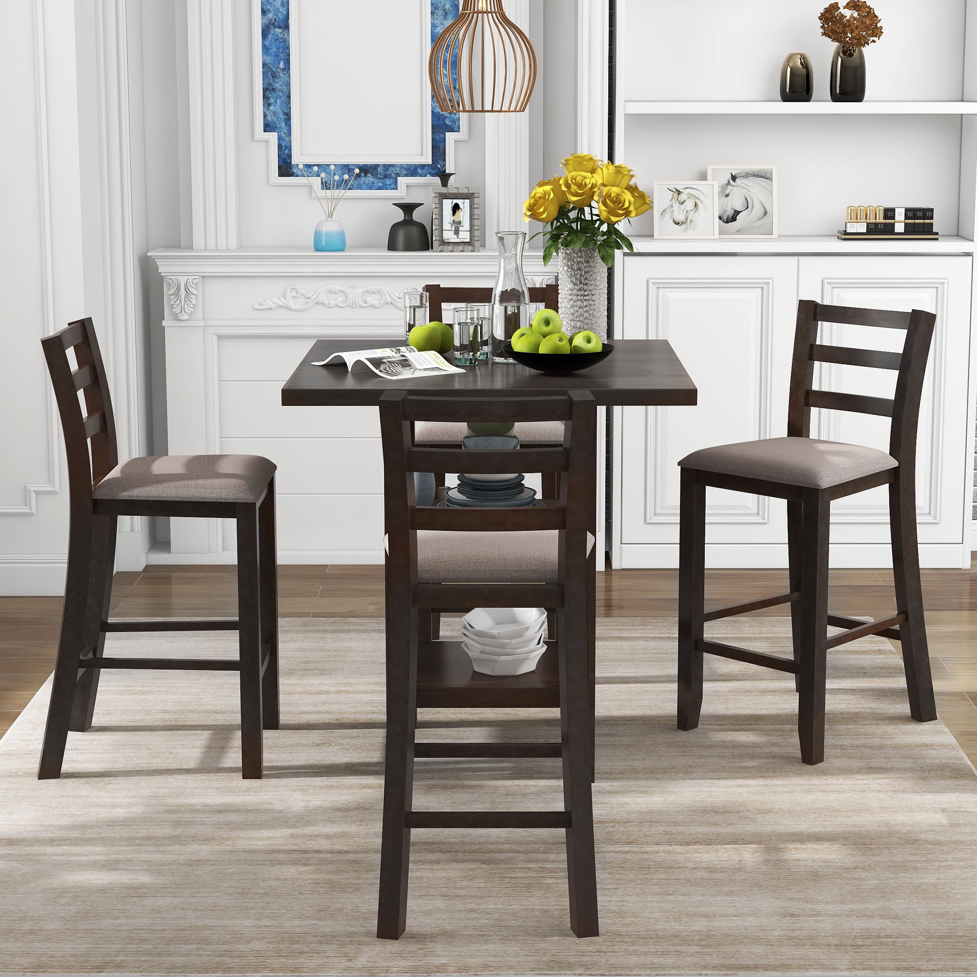 5 Piece Wooden Counter Height Dining Set With Padded Chairs, Storage Shelving - Best Buy Furniture