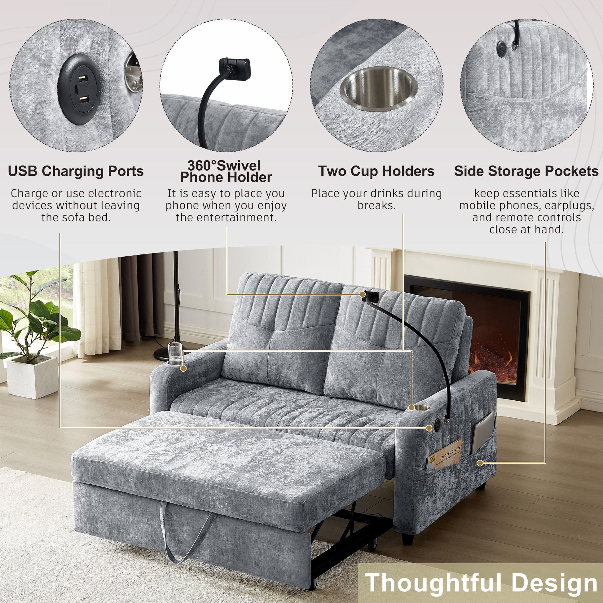Modern Loveseat Pull Out Sofa Bed With Adjustable Backrest, Two Cup Holders, A Phone Holder, Three Charging Ports And Side Storage Pockets For Living Room - Best Buy Furniture