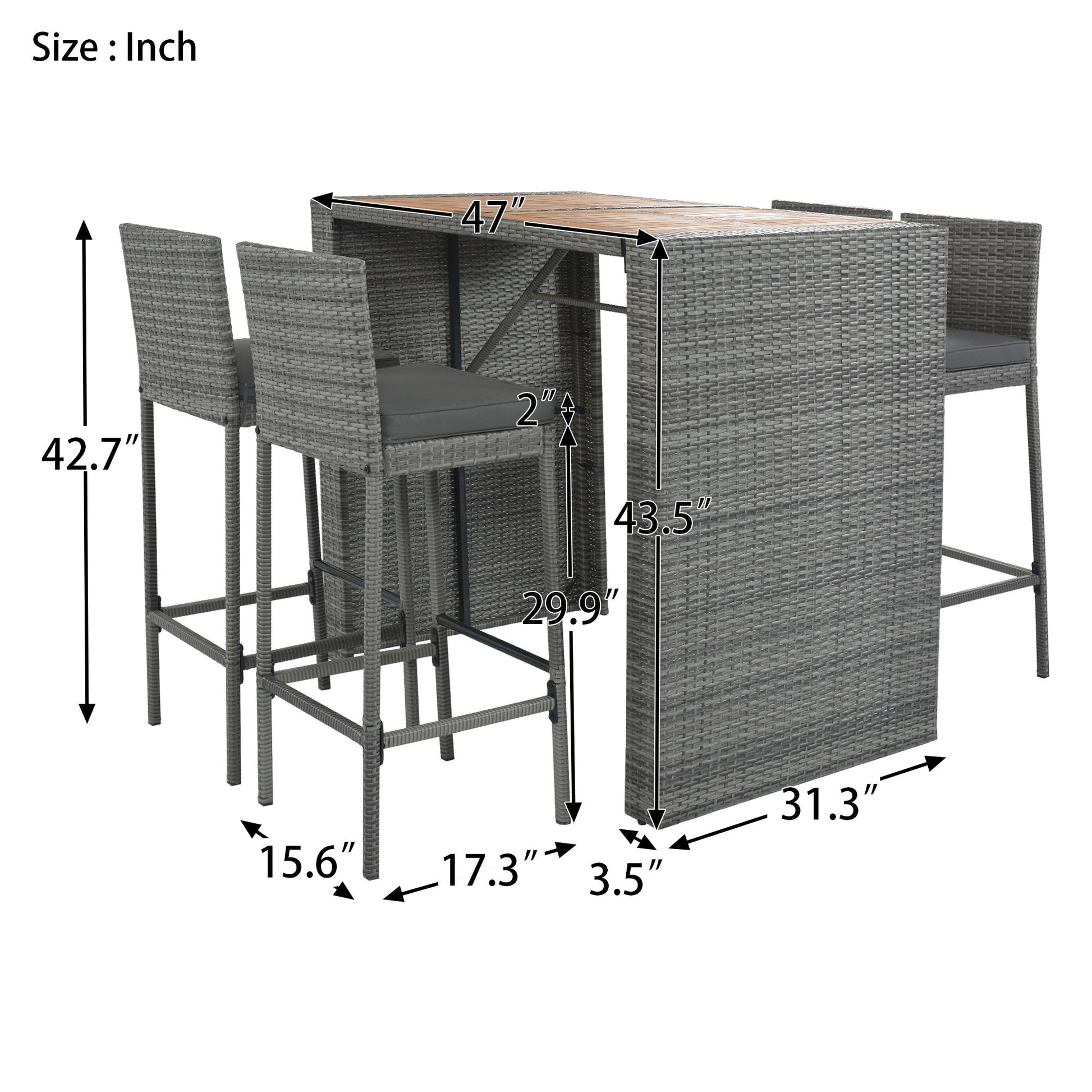 5 Pieces Outdoor Patio Wicker Bar Set, Bar Height Chairs With Non-Slip Feet And Fixed Rope, Removable Cushion, Acacia Wood Table Top - Brown / Gray - Best Buy Furniture