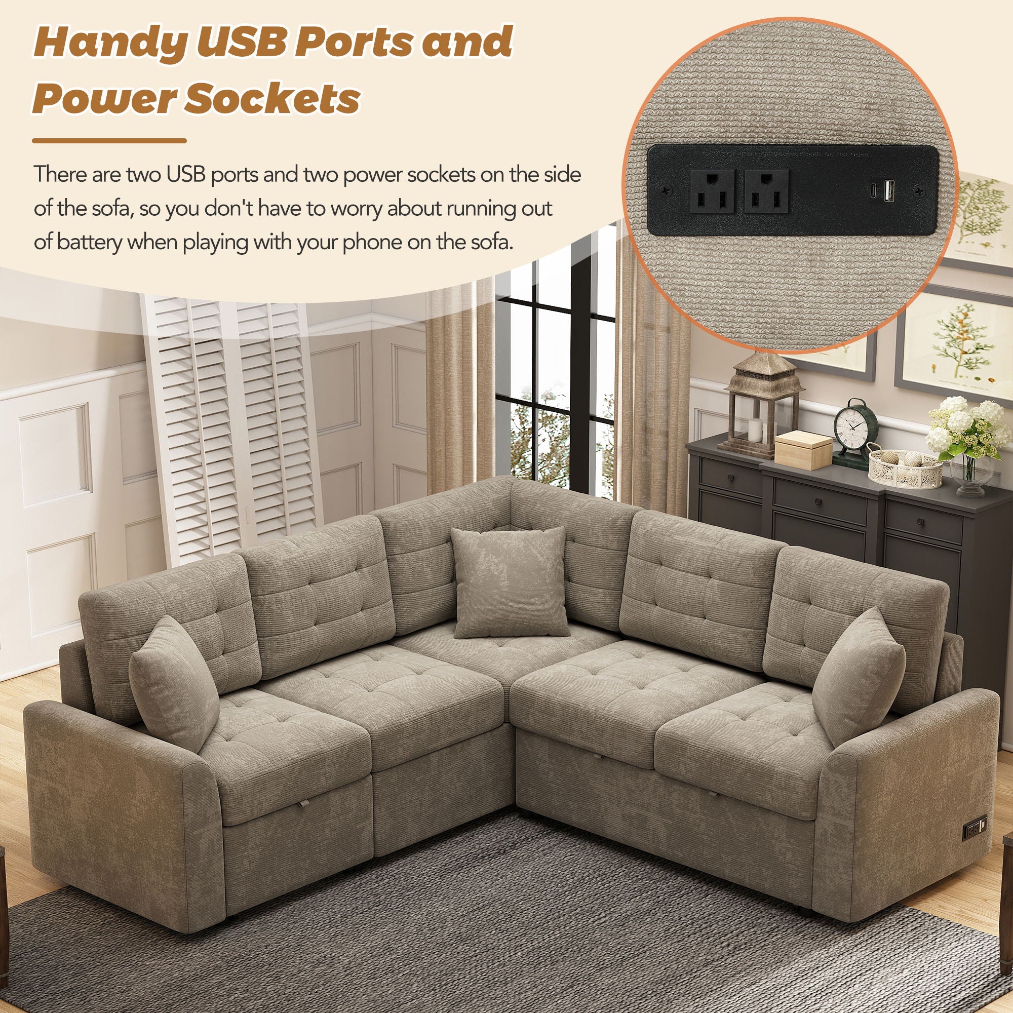 L-Shape Sofa Bed Pull-Out Sleeper Sofa With Wheels, USB Ports, Power Sockets For Living Room - Best Buy Furniture
