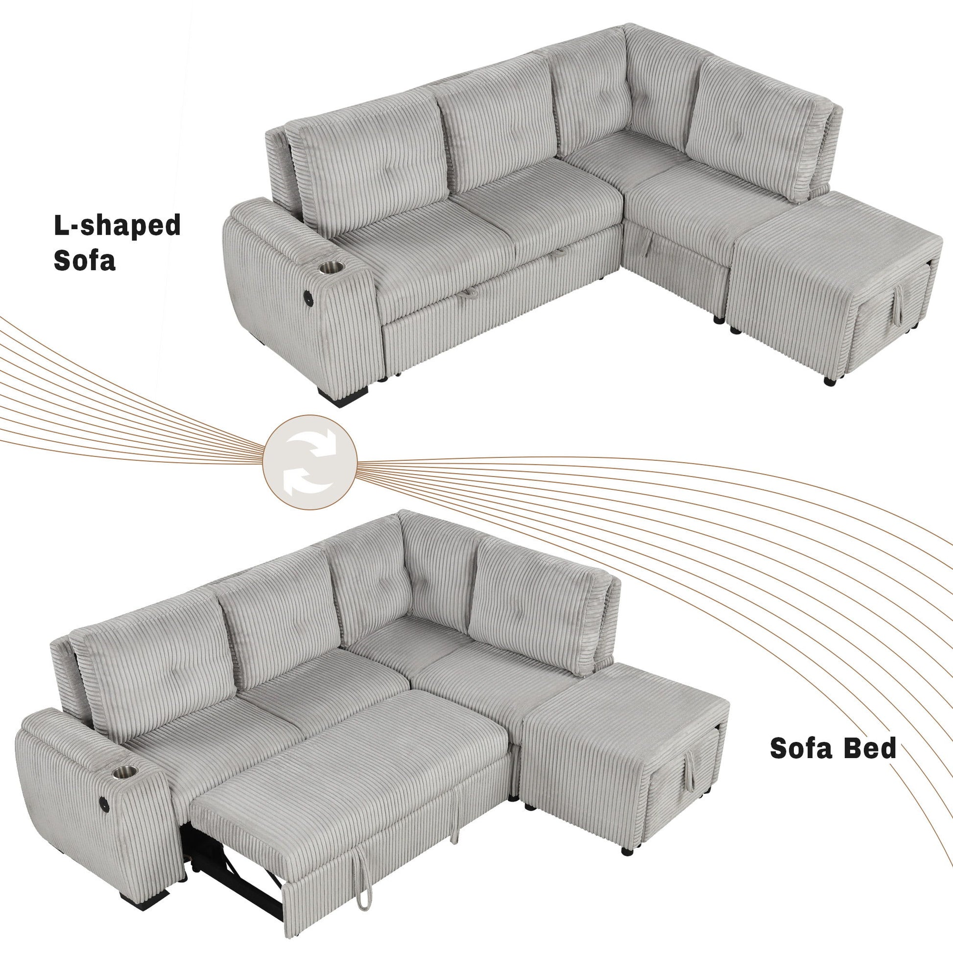 Pull-Out L-Shaped Sectional Sofa With Movable Ottoman And Stool, Large Storage Space, A Cup Holder, And 2 USB Ports For Living Room - Best Buy Furniture