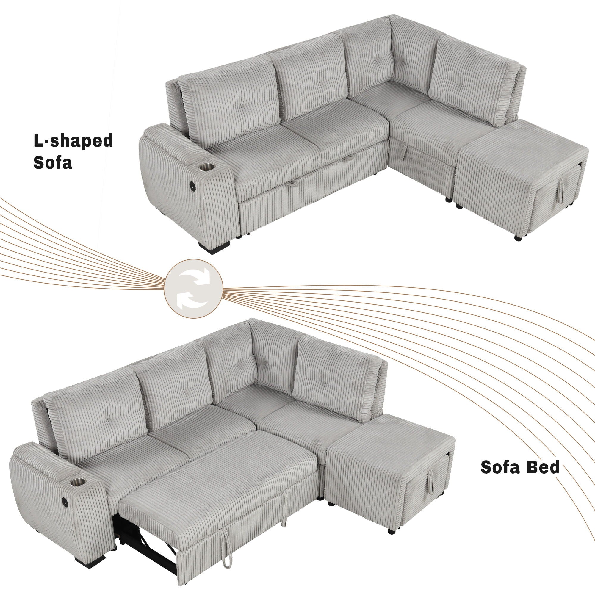 Pull-Out L-Shaped Sectional Sofa With Movable Ottoman And Stool, Large Storage Space, A Cup Holder, And 2 USB Ports For Living Room - Best Buy Furniture