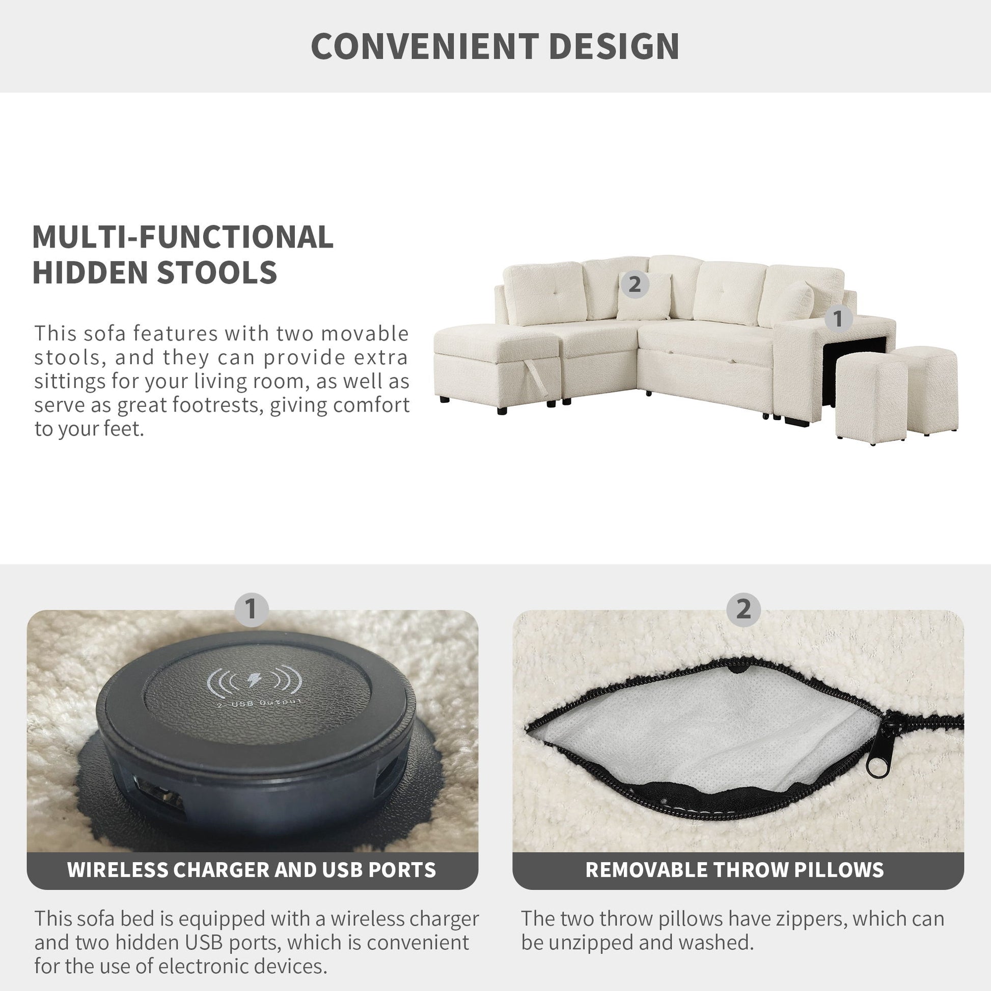 Convertible Sleeper, Sectional Pull Out Sofa Bed With Storage Ottoman, 2 Throw Pillows, 2 Stools, Wireless Charger And Two Hidden USB Ports For Living Room - Best Buy Furniture